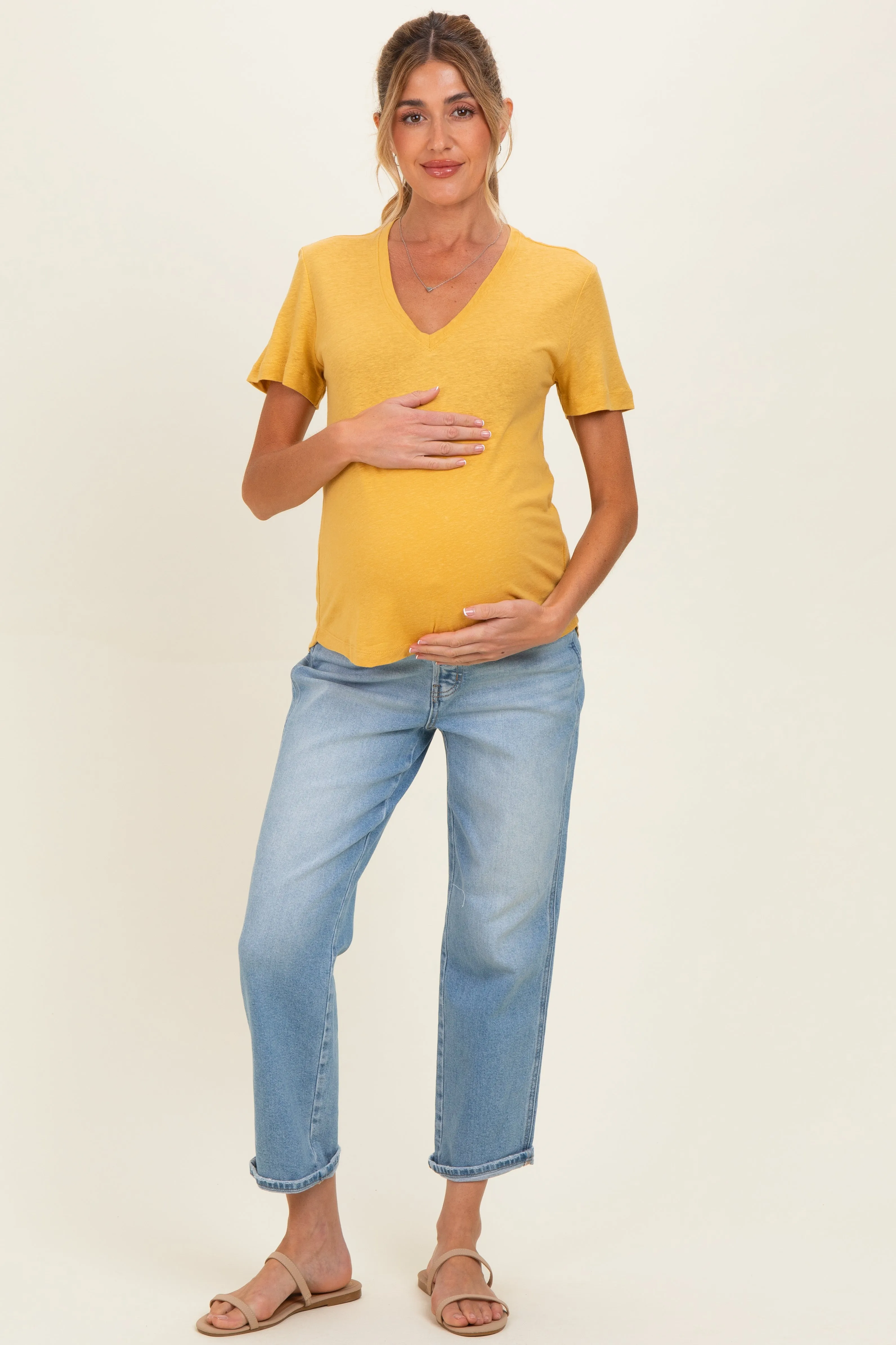 Sunflower Linen Blend V-Neck Short Sleeve Maternity T-Shirt sold by Pinkblush
