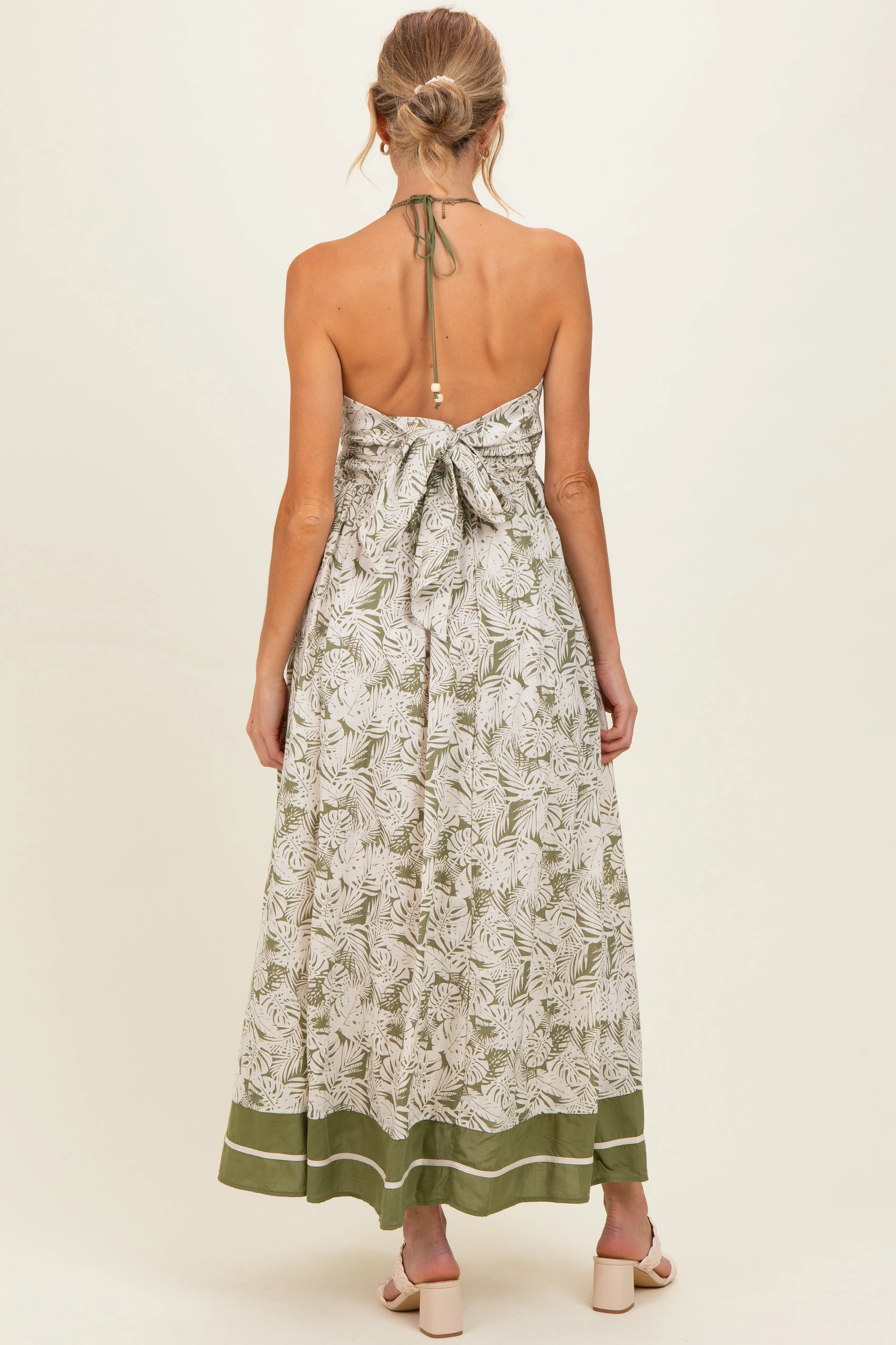 Olive Palm Printed Cutout Tie Back Maternity Maxi Dress sold by Pinkblush product image thumbnail 3