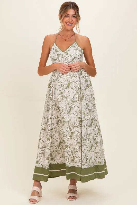 Olive Palm Printed Cutout Tie Back Maternity Maxi Dress made by Inloom