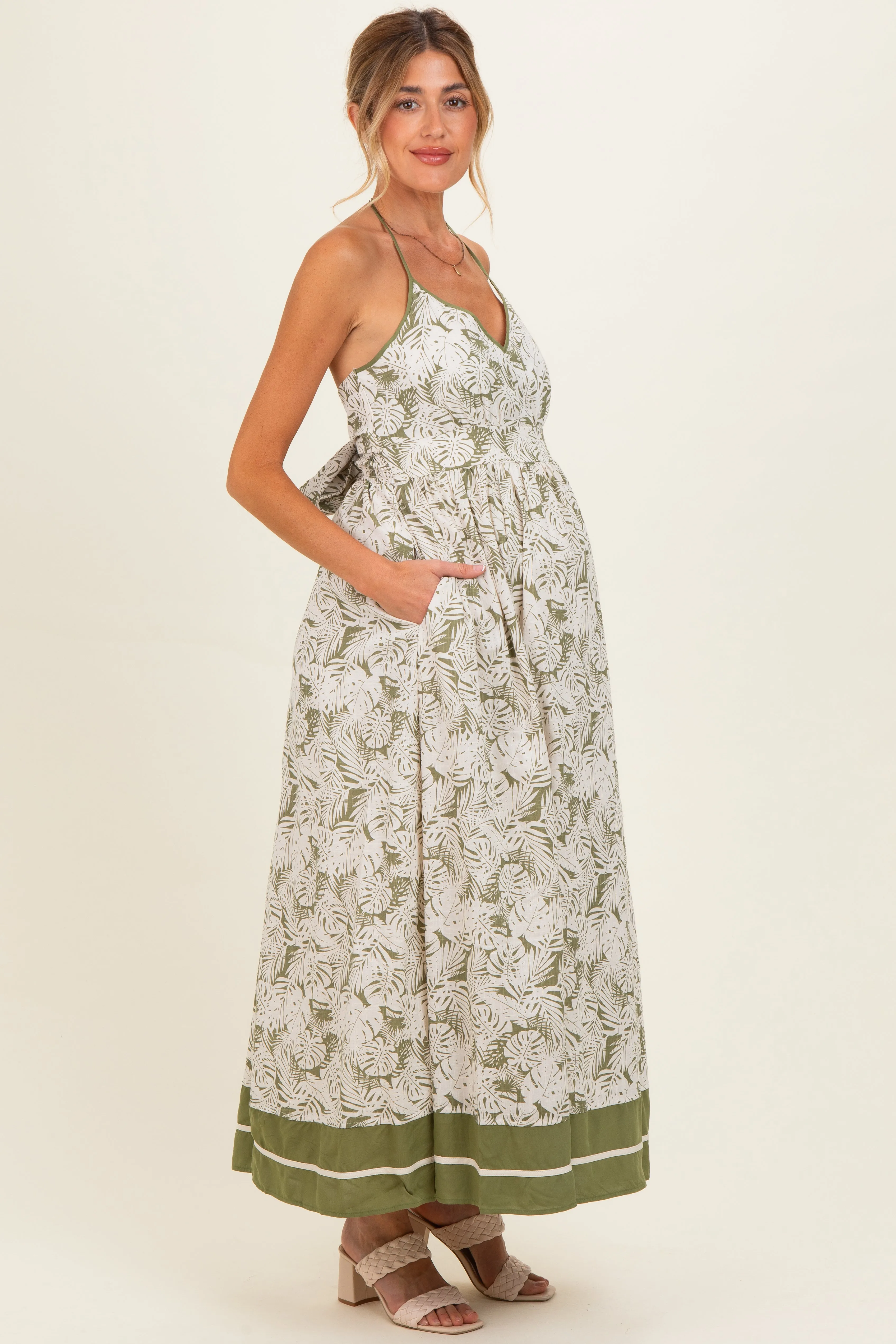 Olive Palm Printed Cutout Tie Back Maternity Maxi Dress sold by Pinkblush product image thumbnail 2