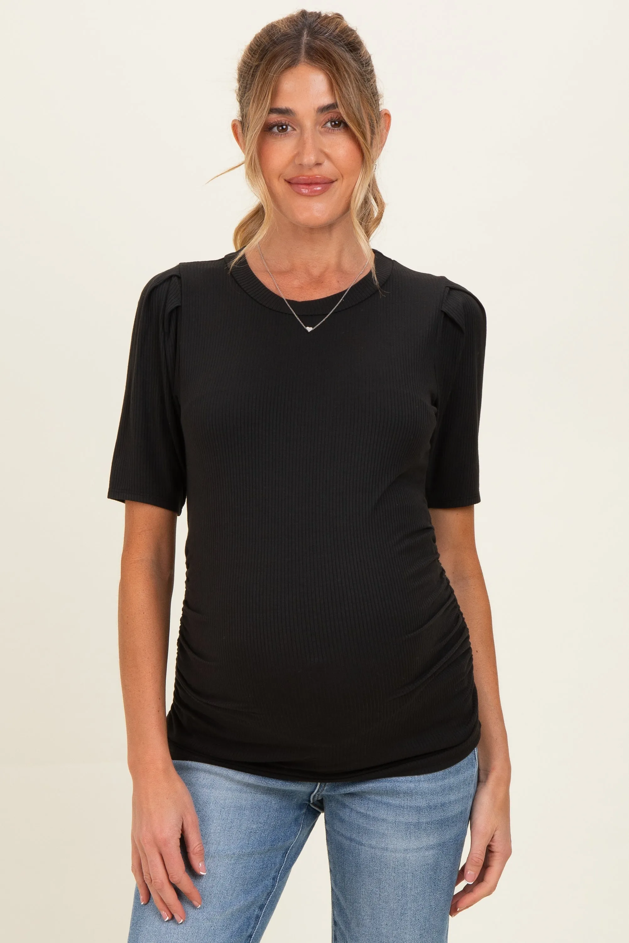 Black Ribbed Ruched Fitted Maternity Top sold by Pinkblush