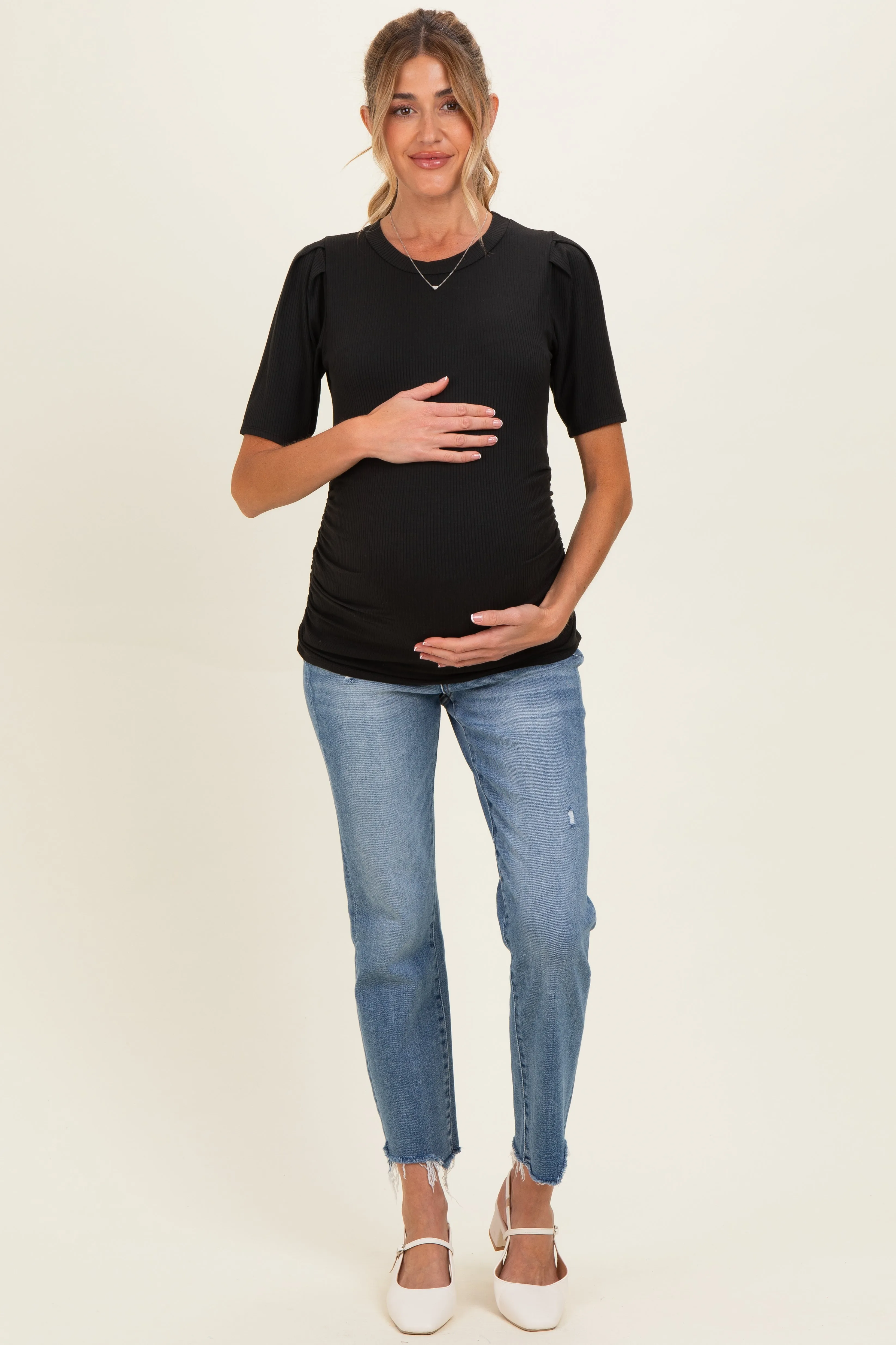 Black Ribbed Ruched Fitted Maternity Top sold by Pinkblush product image thumbnail 2