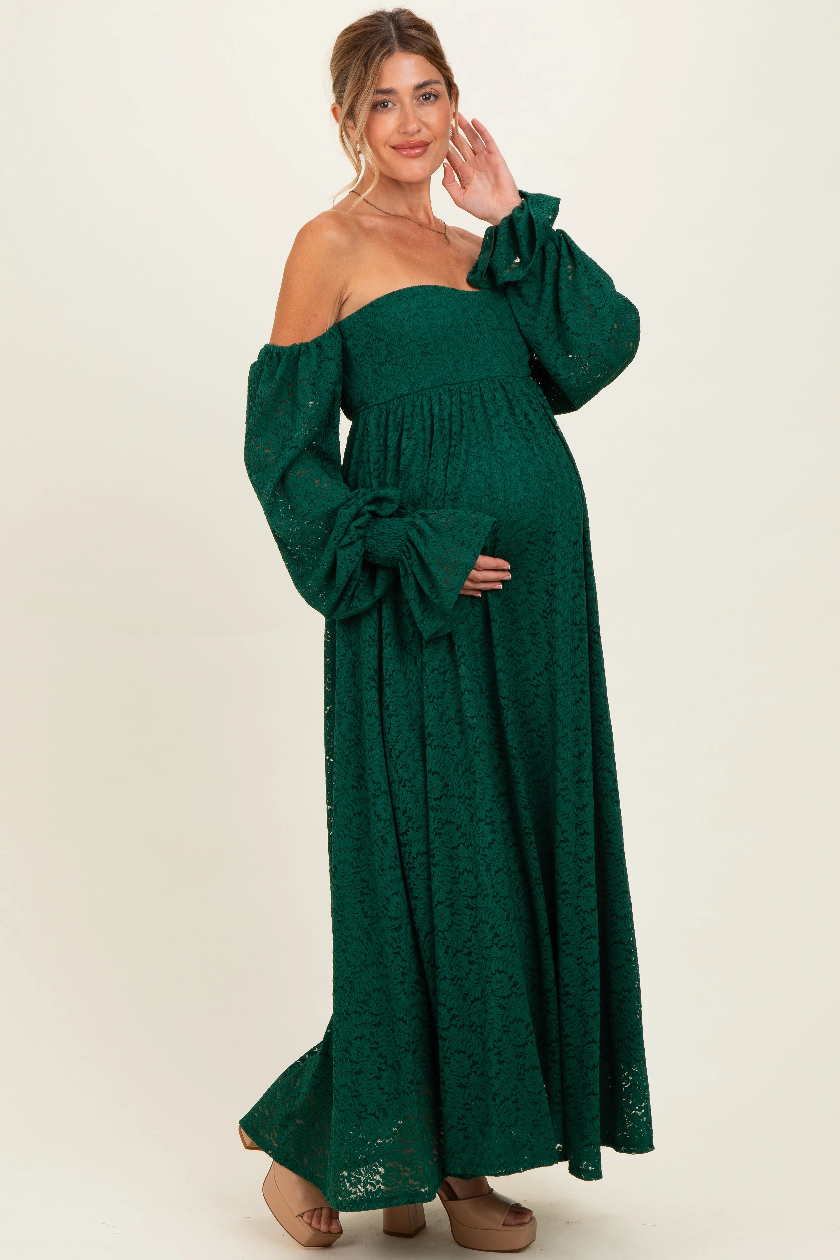 Hunter Green Lace Floral Long Sleeve Maternity Photoshoot Gown/Dress sold by Pinkblush