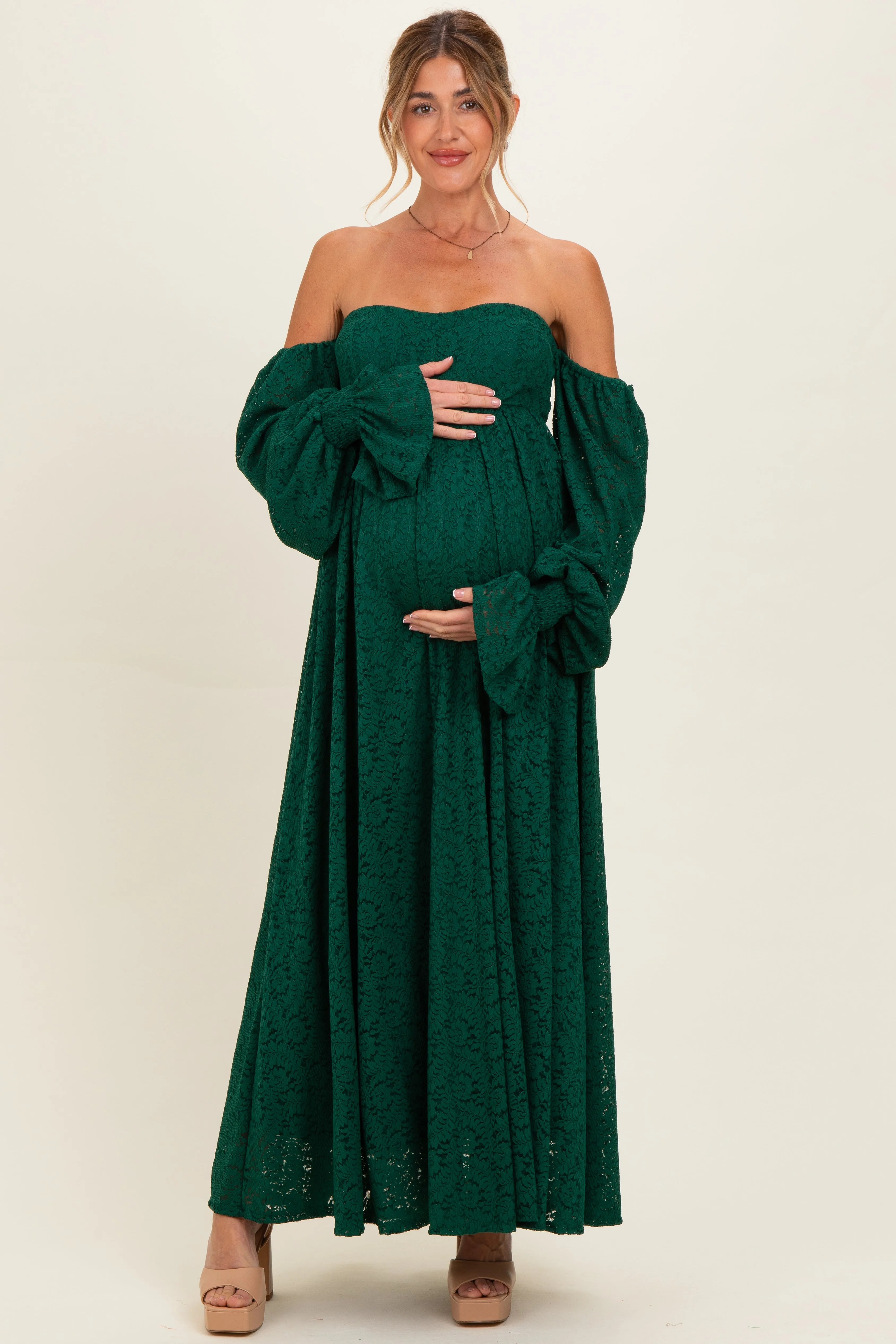 Hunter Green Lace Floral Long Sleeve Maternity Photoshoot Gown/Dress sold by Pinkblush product image thumbnail 2