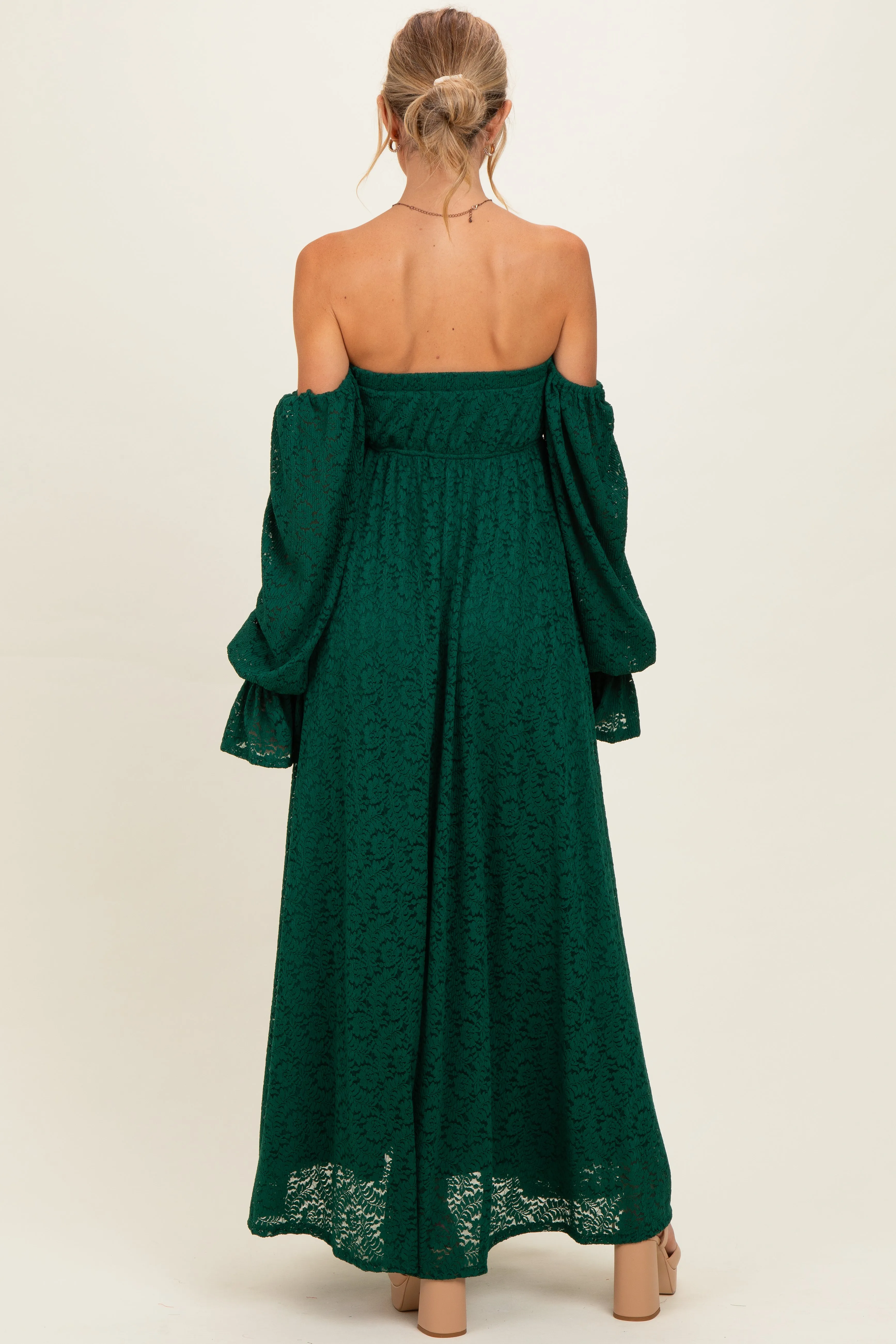 Hunter Green Lace Floral Long Sleeve Maternity Photoshoot Gown/Dress sold by Pinkblush product image thumbnail 3