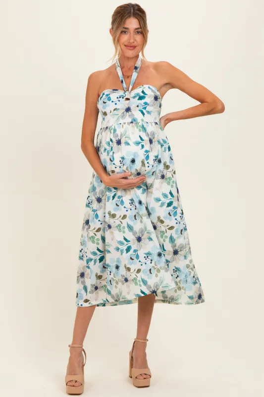 Off White Floral Halter Maternity Midi Dress made by Aakaa
