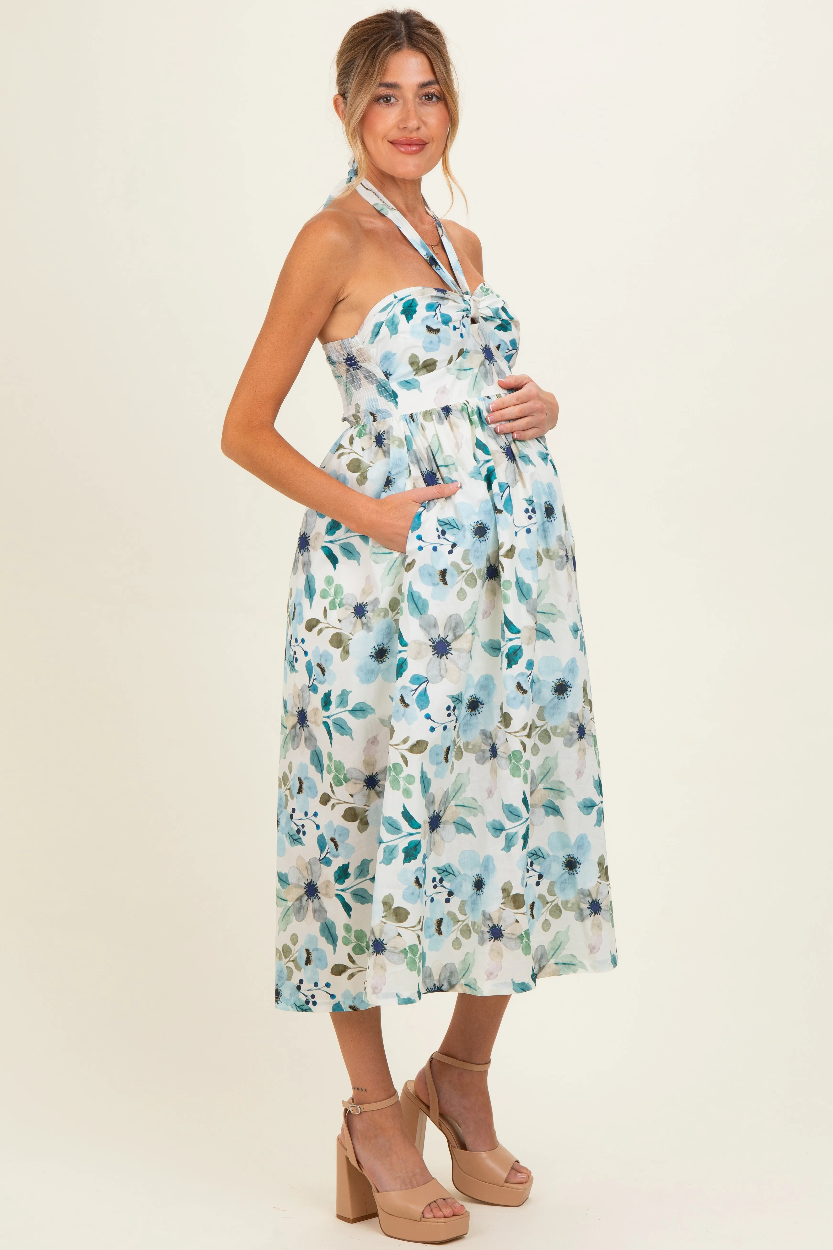 Off White Floral Halter Maternity Midi Dress sold by Pinkblush product image thumbnail 2