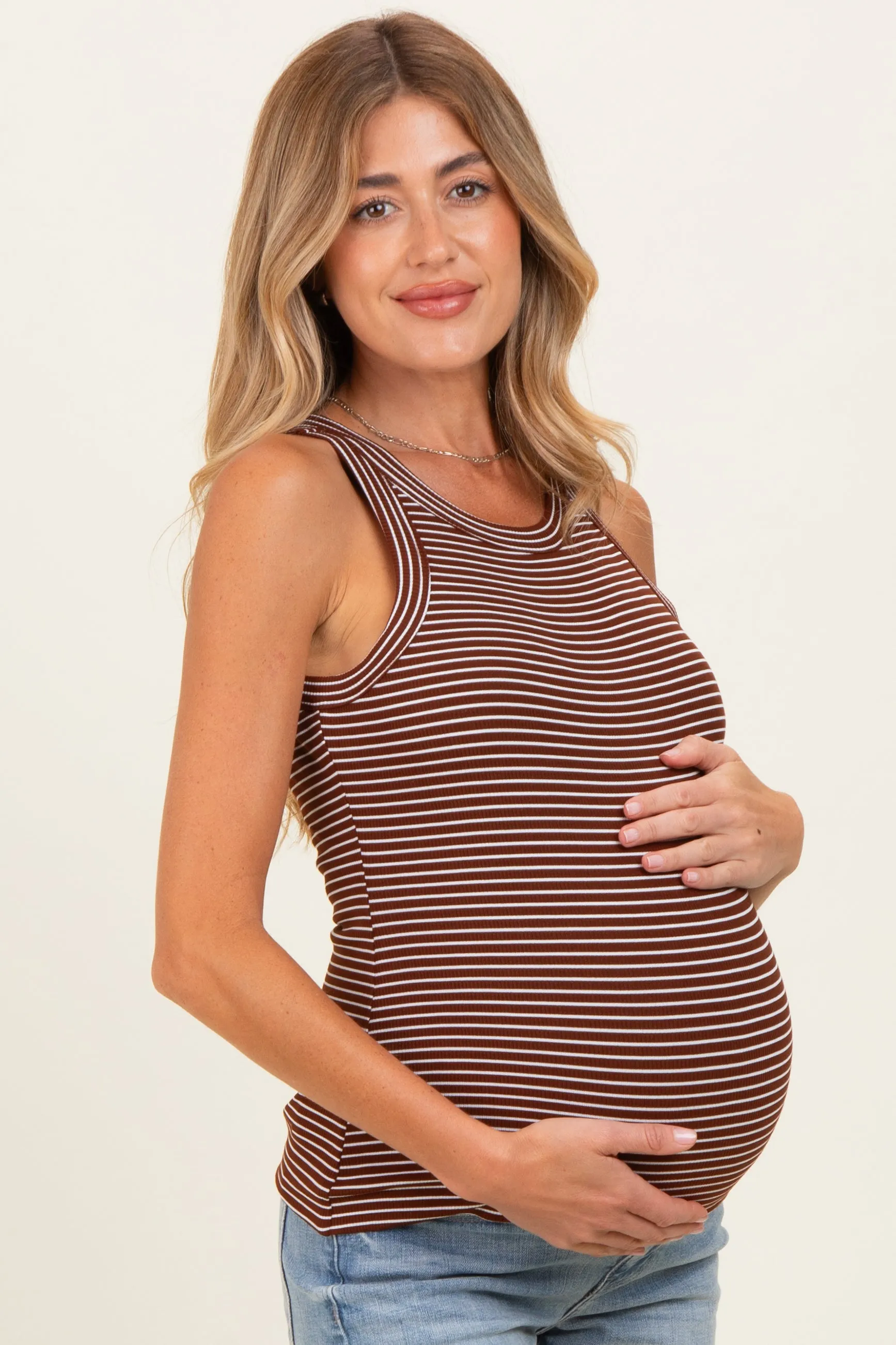 Chocolate Striped Ribbed Knit Maternity Tank Top sold by Pinkblush product image thumbnail 3