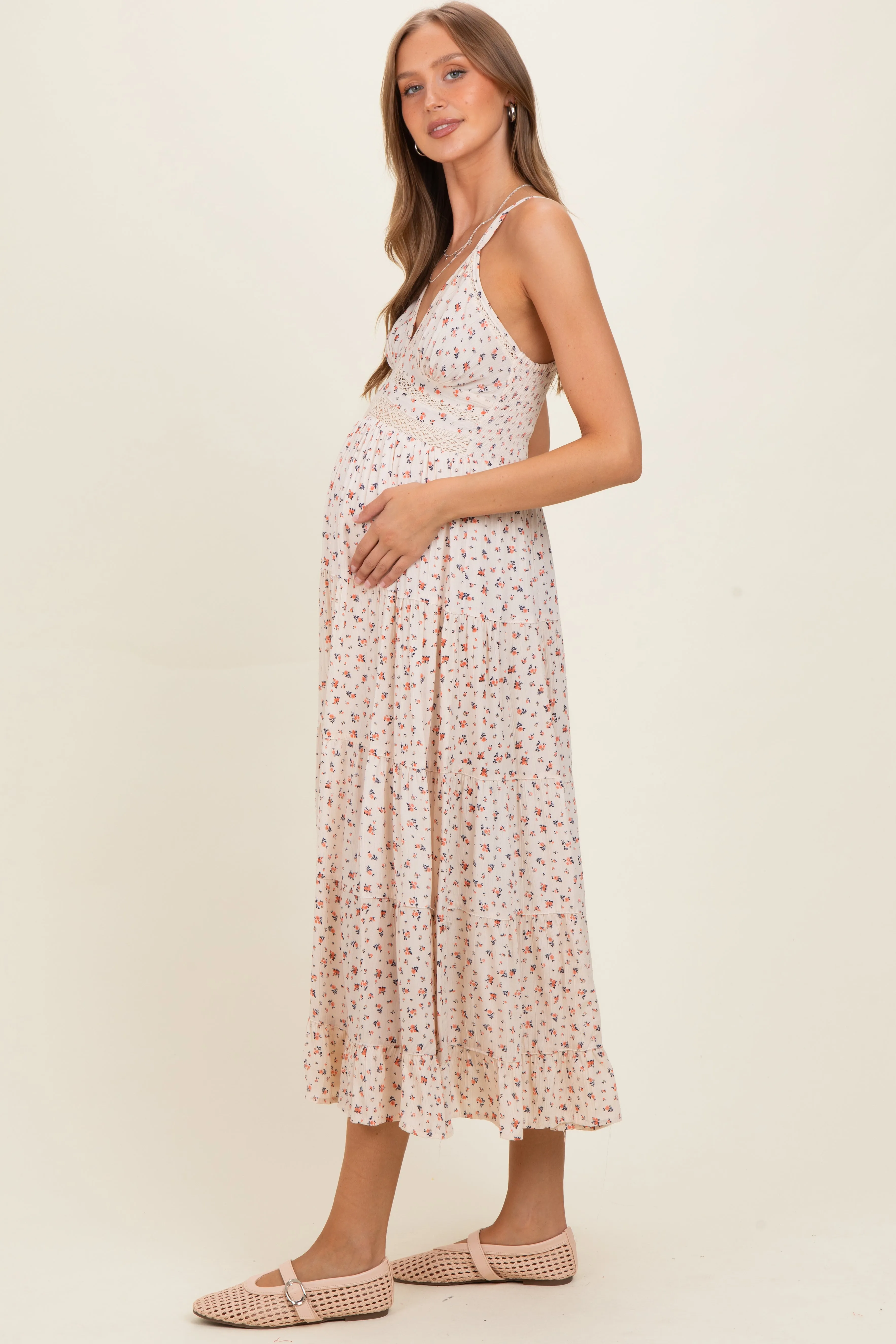 Ivory Printed Lace Inset Tiered Maternity Maxi Dress sold by Pinkblush product image thumbnail 3