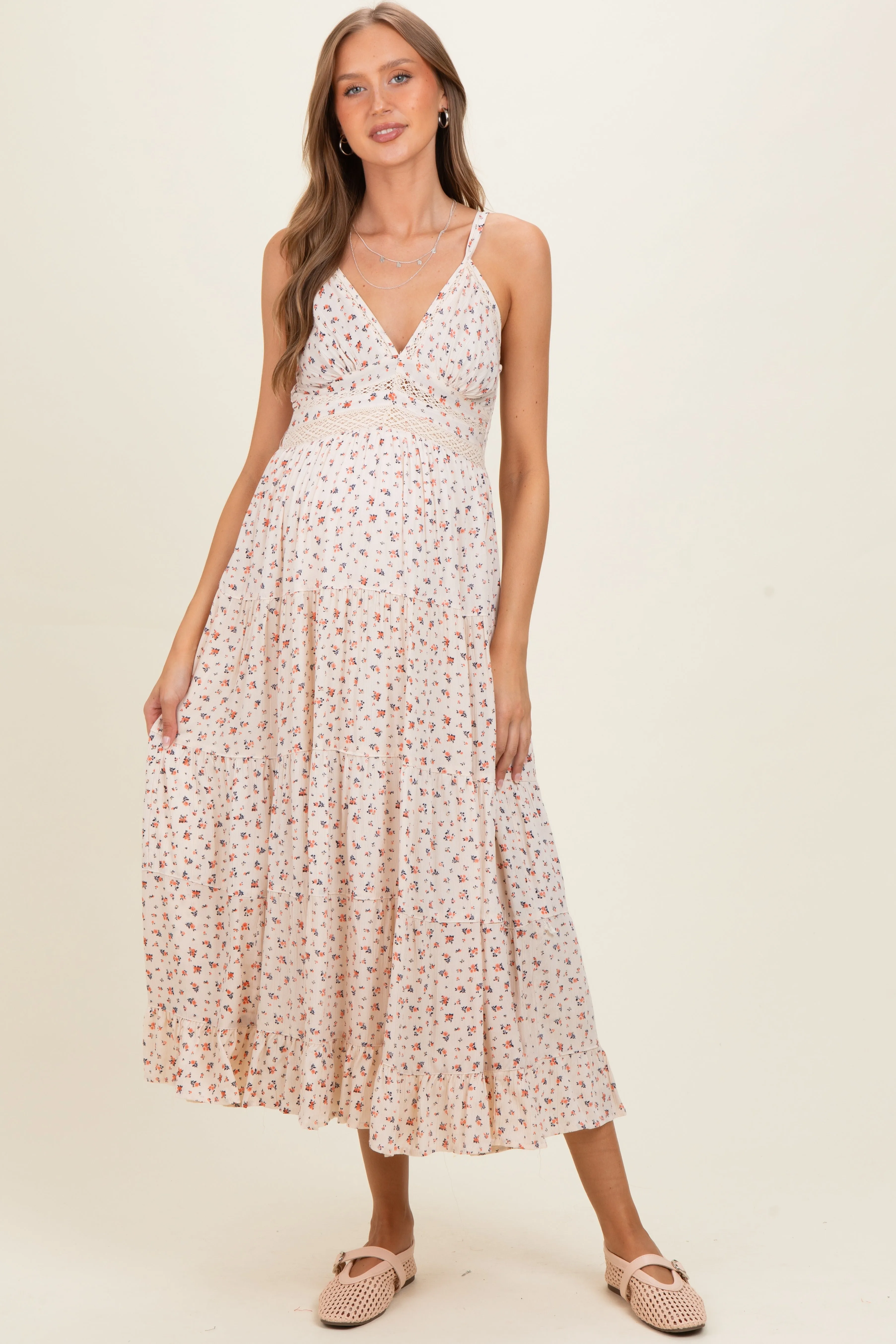 Ivory Printed Lace Inset Tiered Maternity Maxi Dress sold by Pinkblush