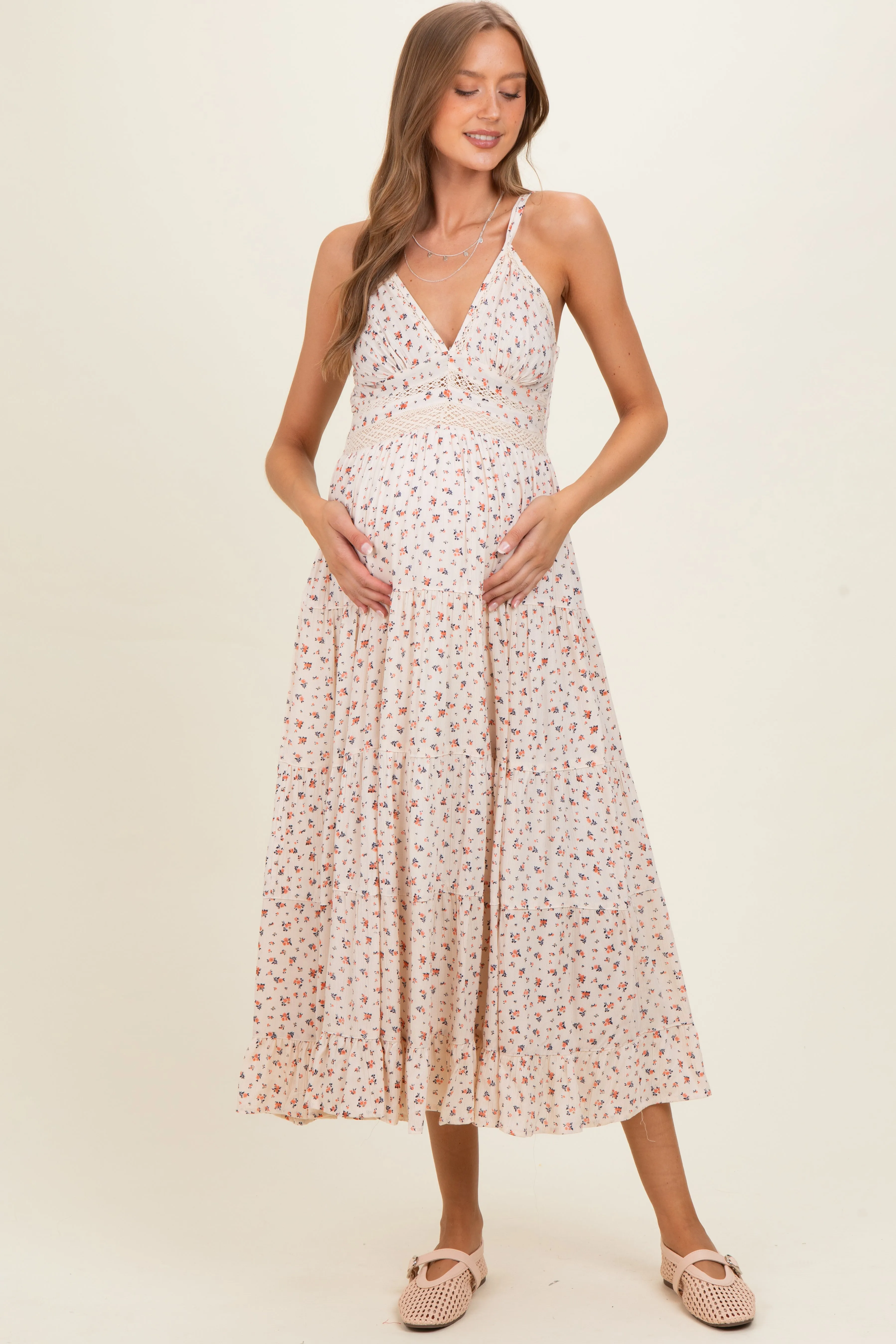Ivory Printed Lace Inset Tiered Maternity Maxi Dress sold by Pinkblush product image thumbnail 2