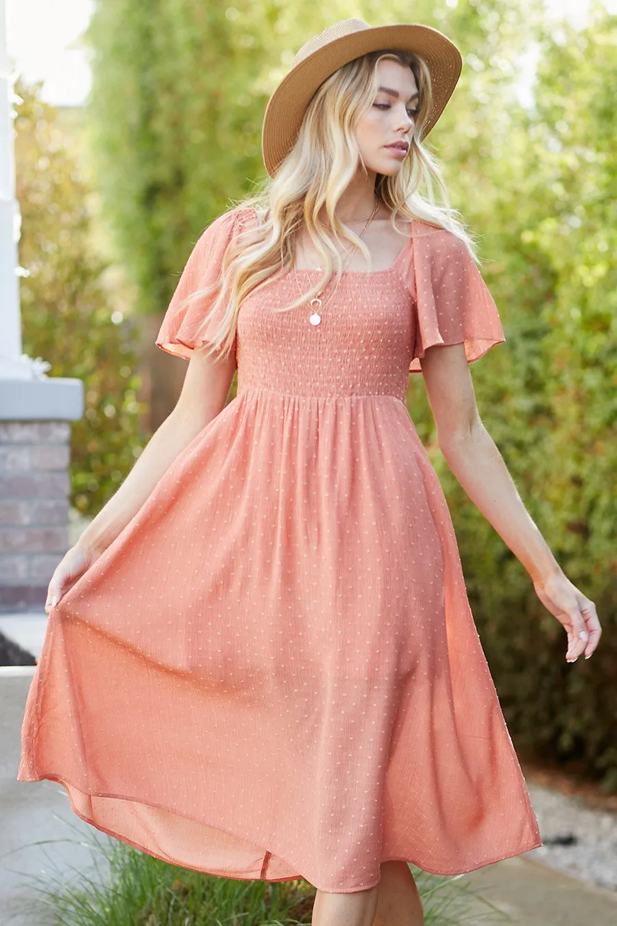 Salmon Polka Dot Smocked Midi Dress sold by Pinkblush product image thumbnail 2