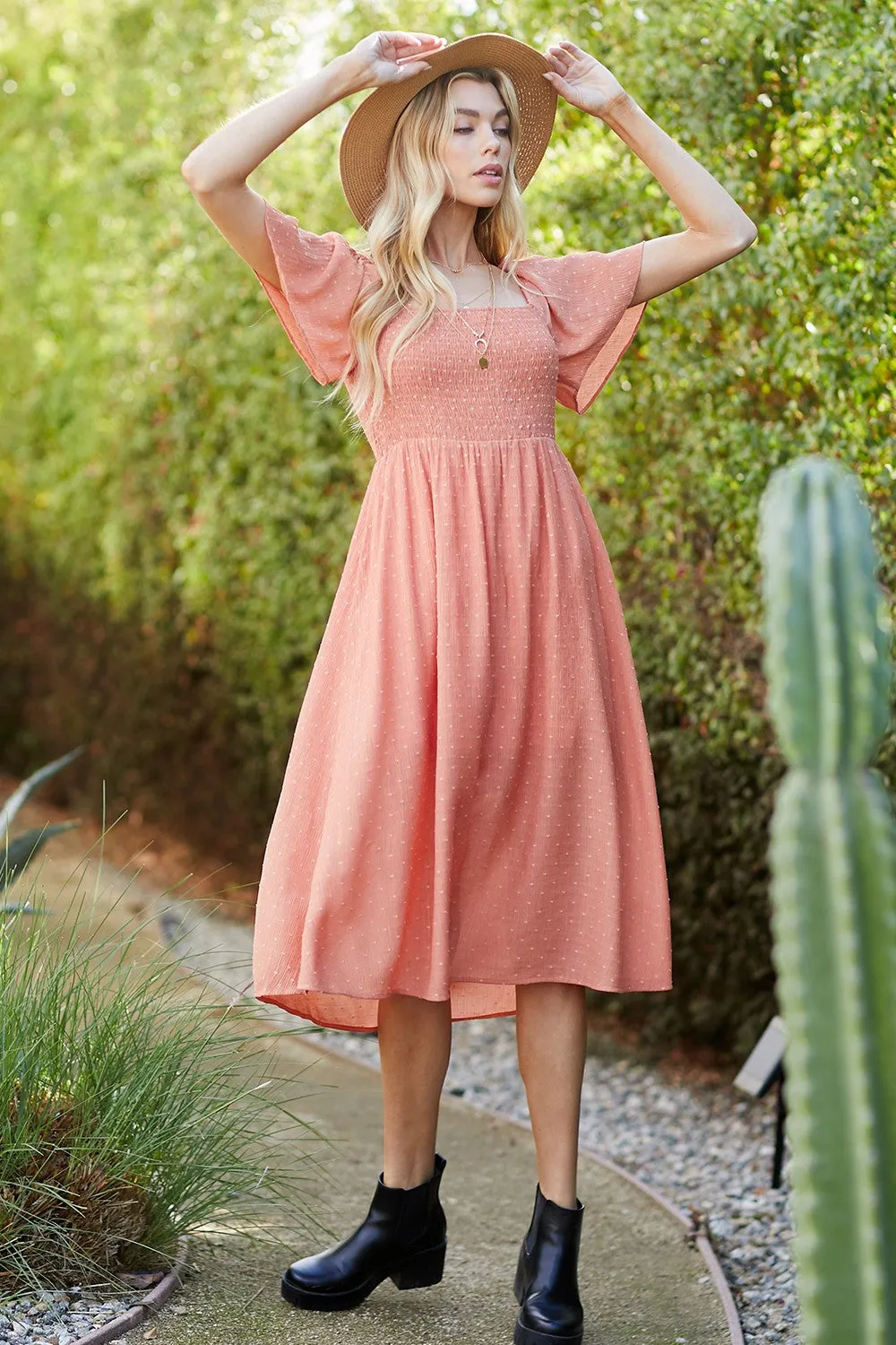 Salmon Polka Dot Smocked Midi Dress sold by Pinkblush product image thumbnail 3