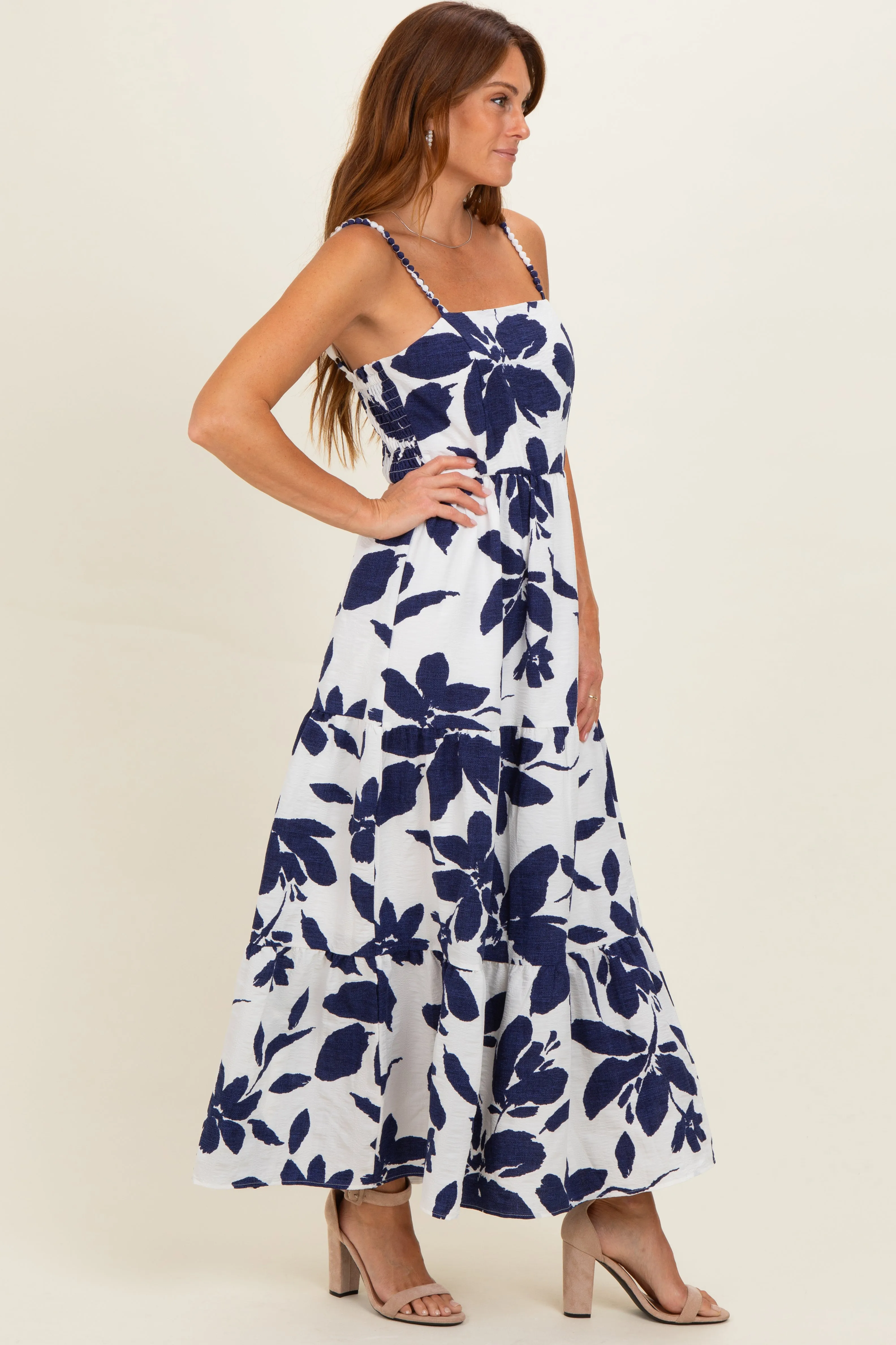 Navy Blue Floral Tiered Midi Dress sold by Pinkblush product image thumbnail 2