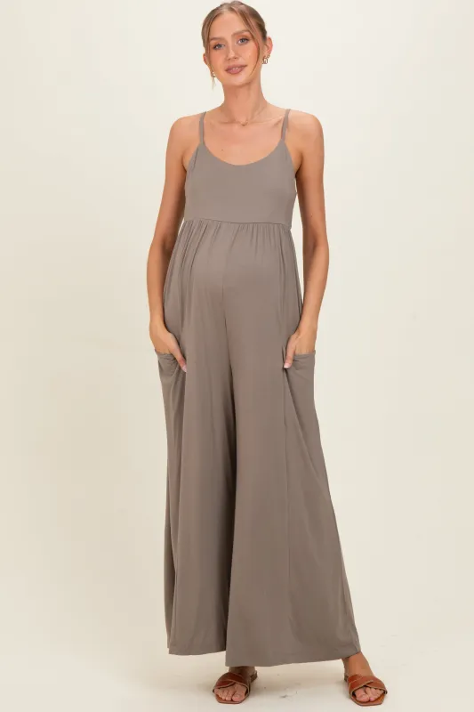 Moss Brown Sleeveless Wide Leg Maternity Jumpsuit made by Rae Mode