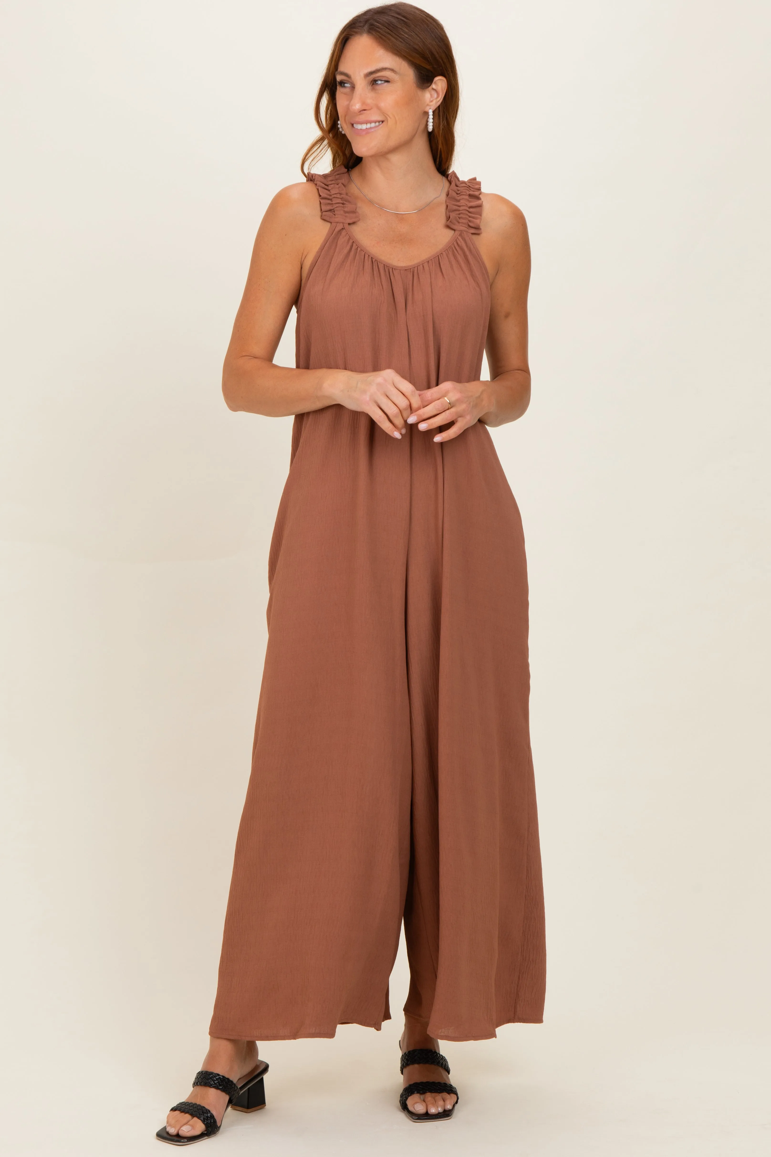 Cappucino Ruffle Strap Wide Leg Jumpsuit sold by Pinkblush
