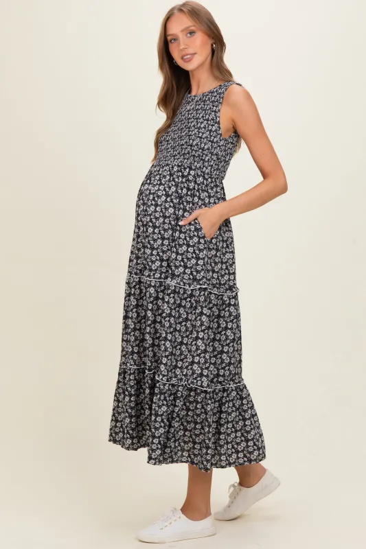 Black Floral Smocked Sleeveless Tiered Maternity Maxi Dress made by Pinkblush