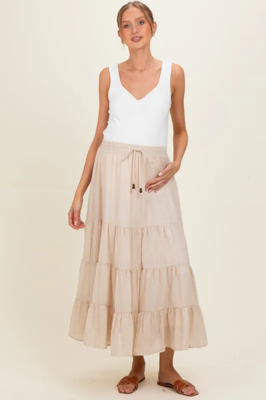 Beige Tiered Drawstring Maternity Maxi Skirt made by Final Touch