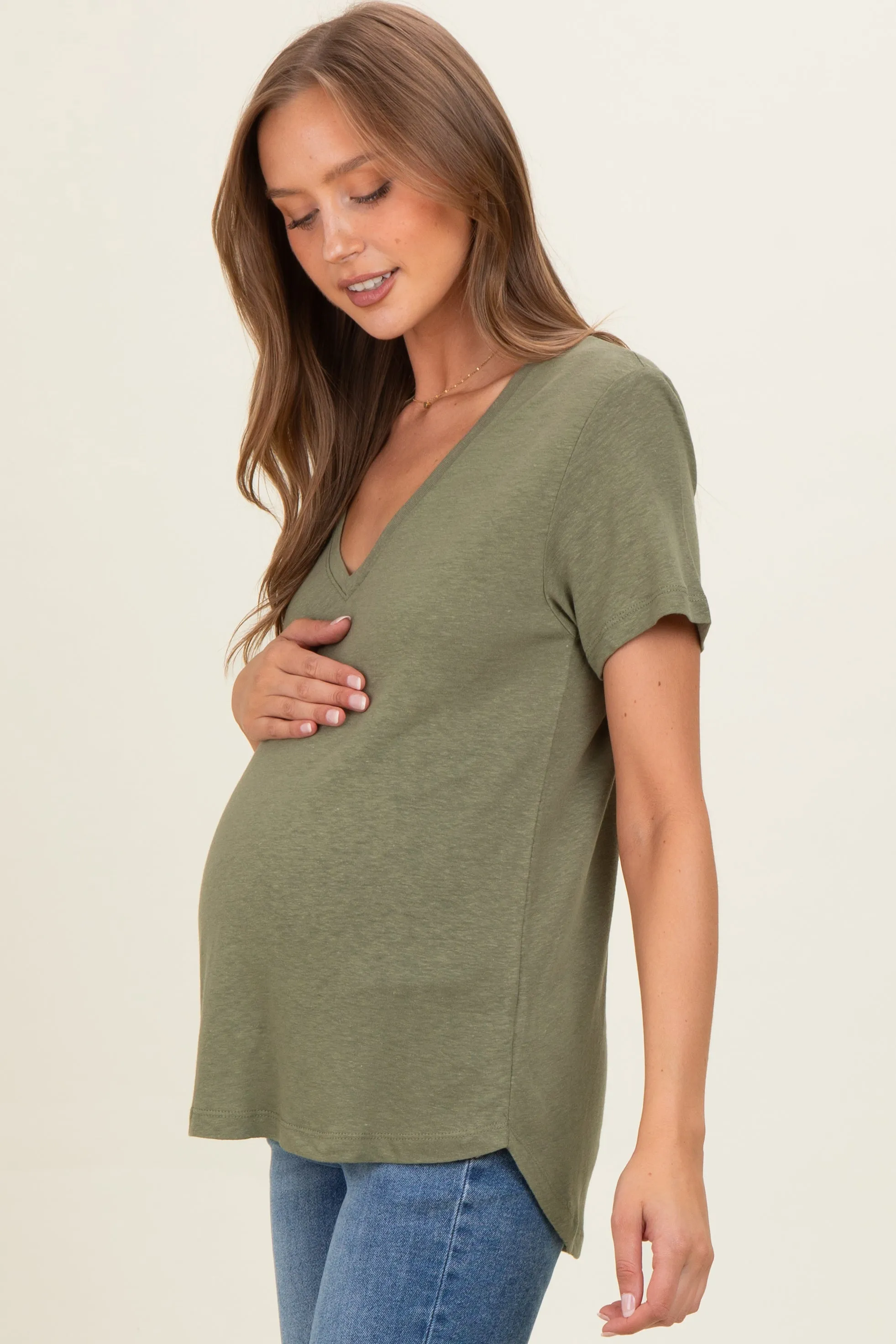 Fern Linen Blend V-Neck Short Sleeve Maternity T-Shirt sold by Pinkblush product image thumbnail 3