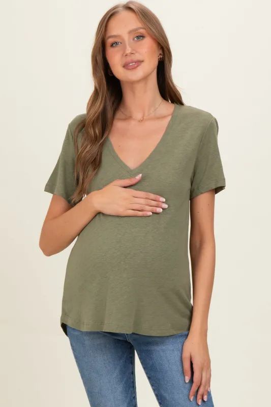Fern Linen Blend V-Neck Short Sleeve Maternity T-Shirt made by BE COOL