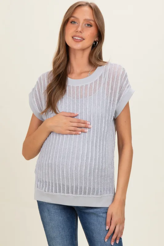 Light Grey Open Knit Maternity Short Sleeve Top made by Staccato