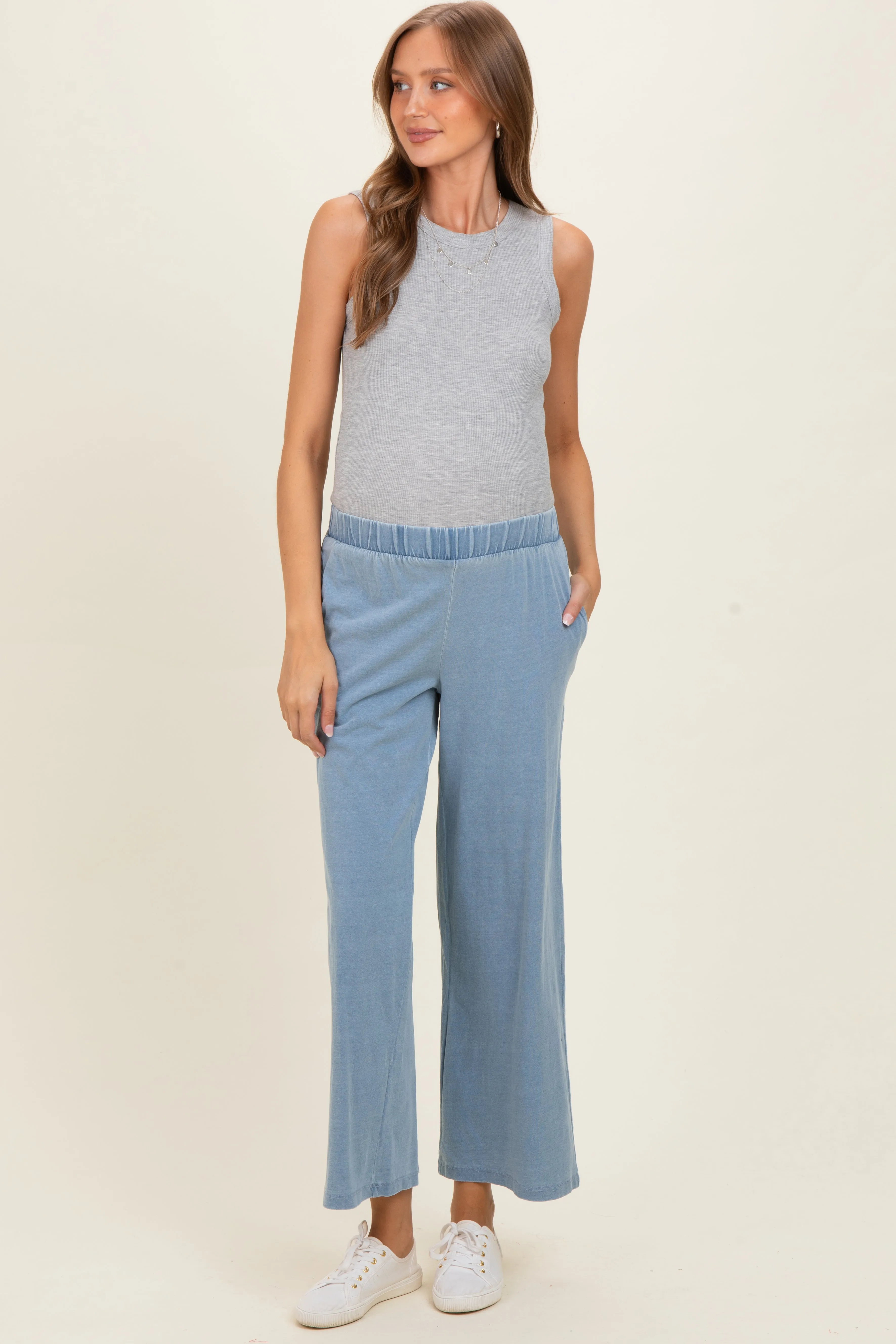 Light Denim Elastic Waist Wide Leg Knit Lounge Pants sold by Pinkblush product image thumbnail 3