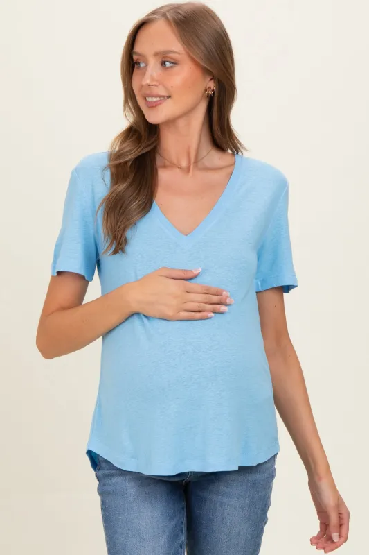 Sky Linen Blend V-Neck Short Sleeve Maternity T-Shirt made by BE COOL