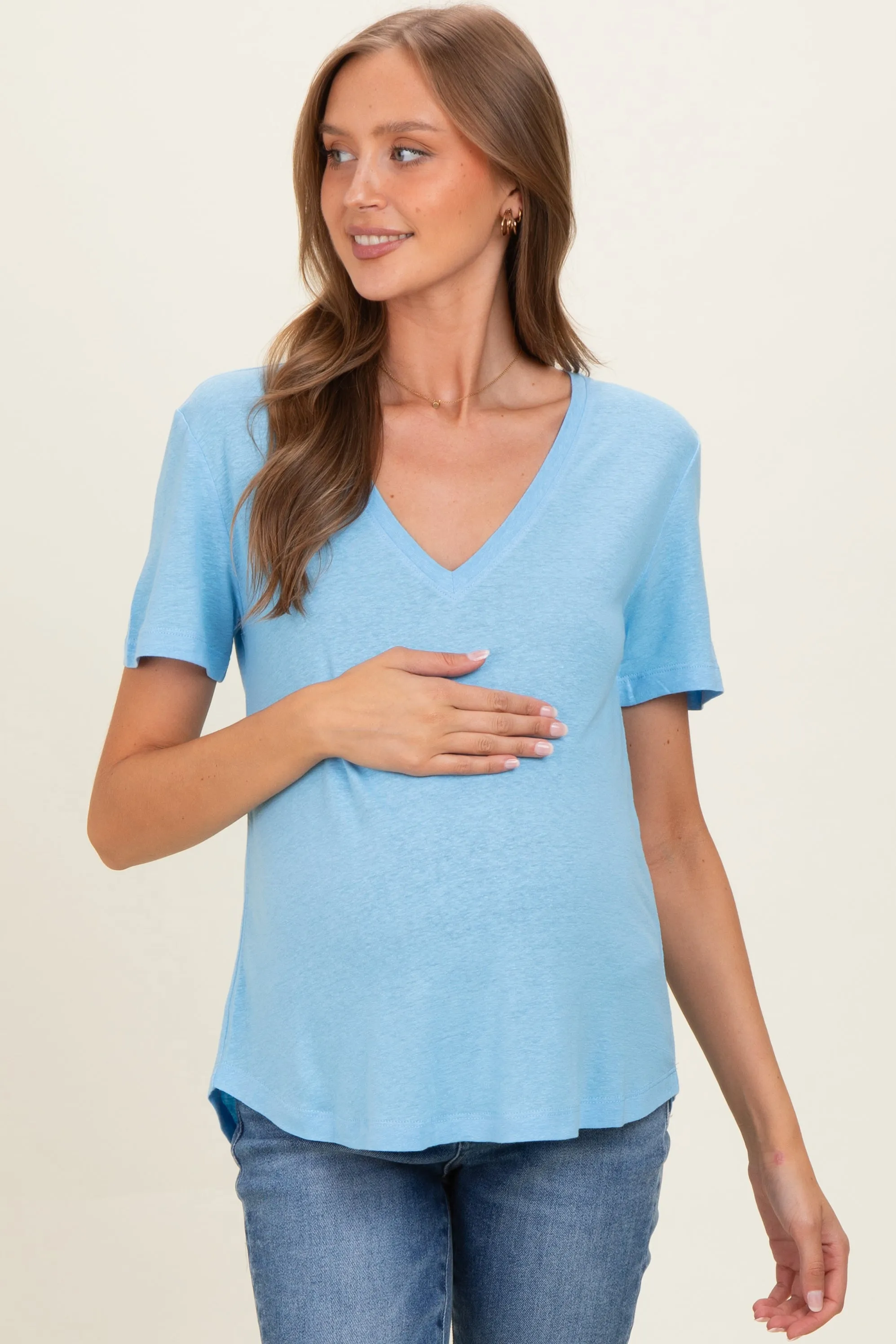 Sky Linen Blend V-Neck Short Sleeve Maternity T-Shirt sold by Pinkblush