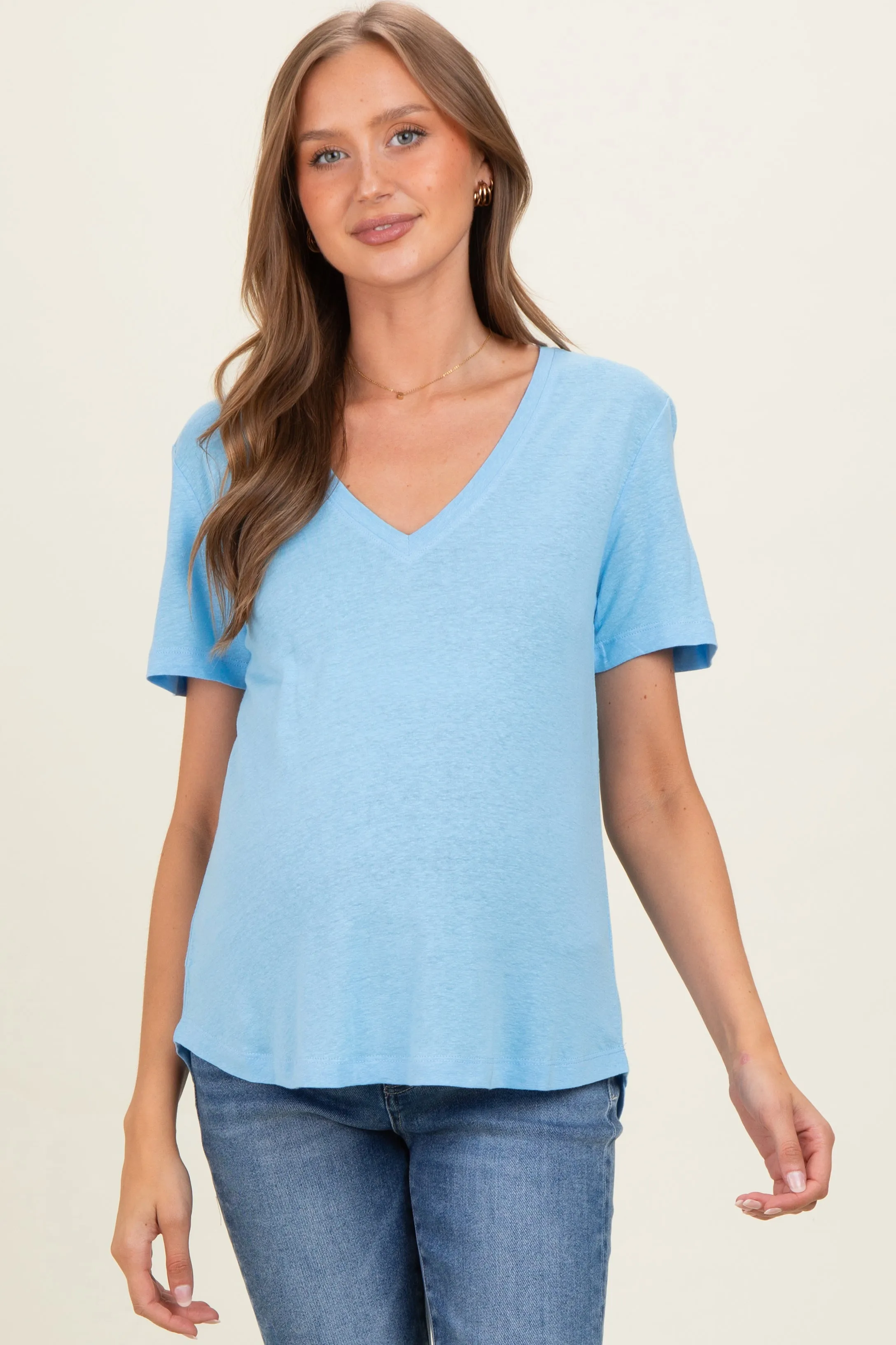 Sky Linen Blend V-Neck Short Sleeve Maternity T-Shirt sold by Pinkblush product image thumbnail 2