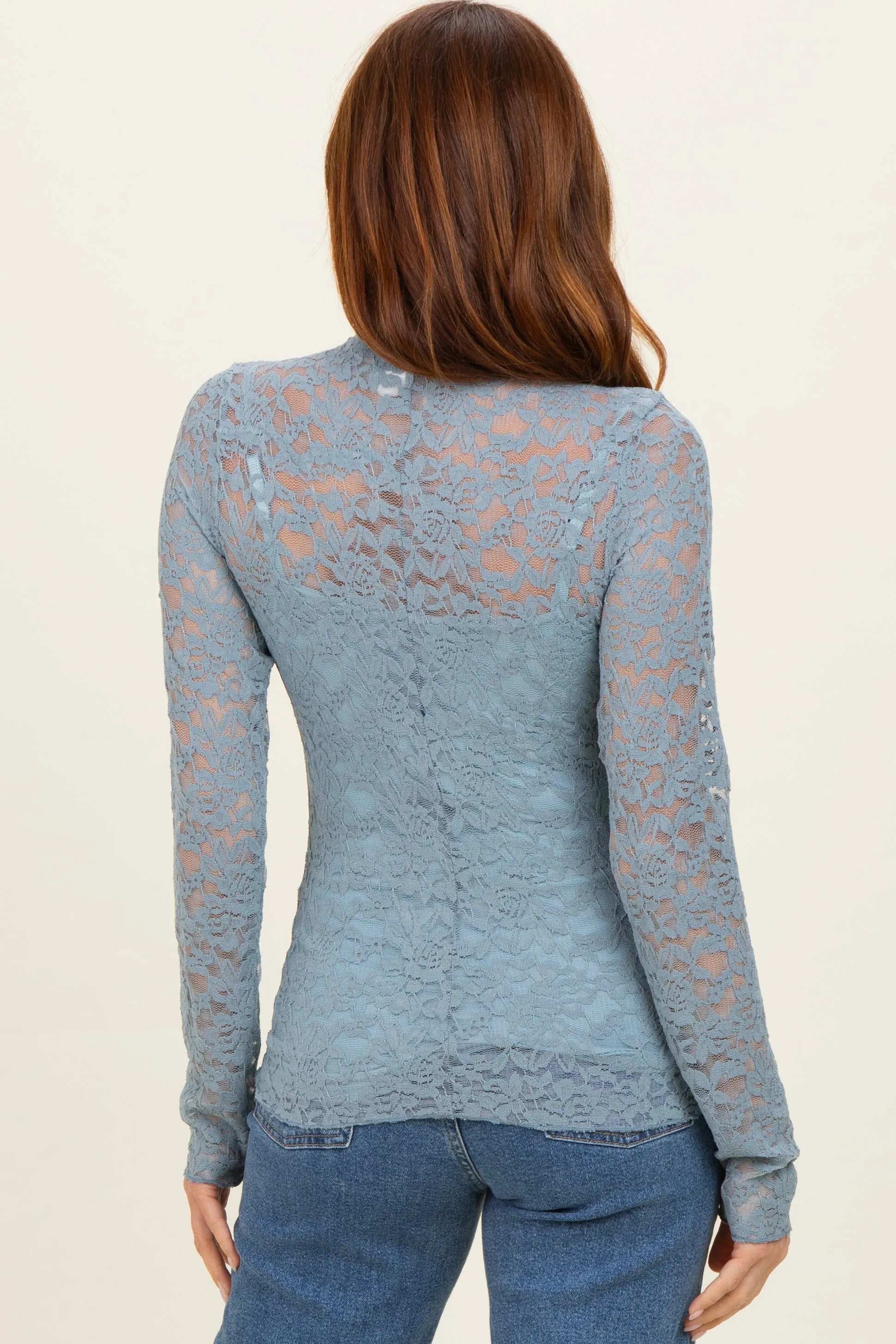 Slate Blue High Neck Fitted Sheer Lace Top sold by Pinkblush product image thumbnail 4