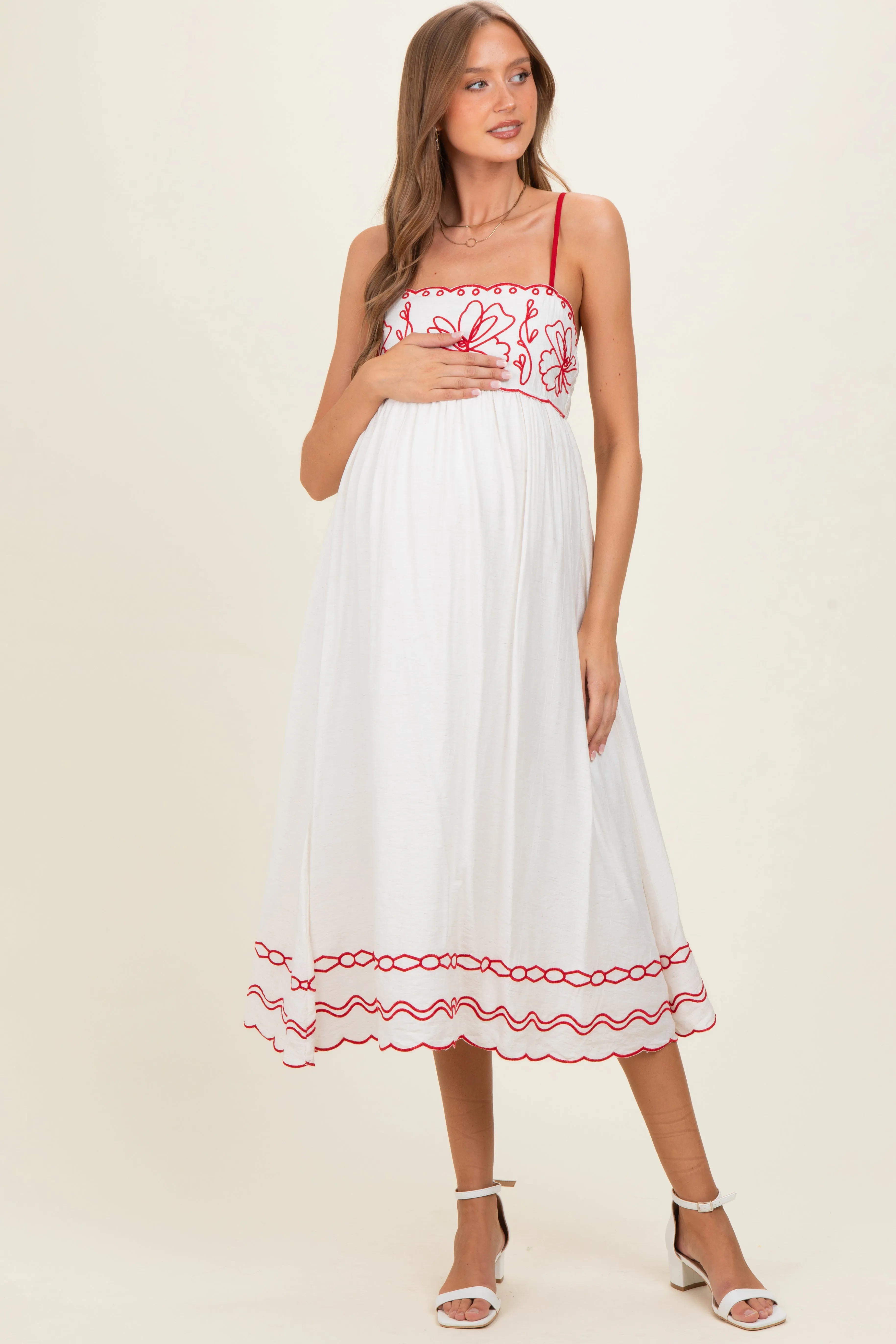 Red Floral Embroidery Scalloped Midi Dress sold by Pinkblush