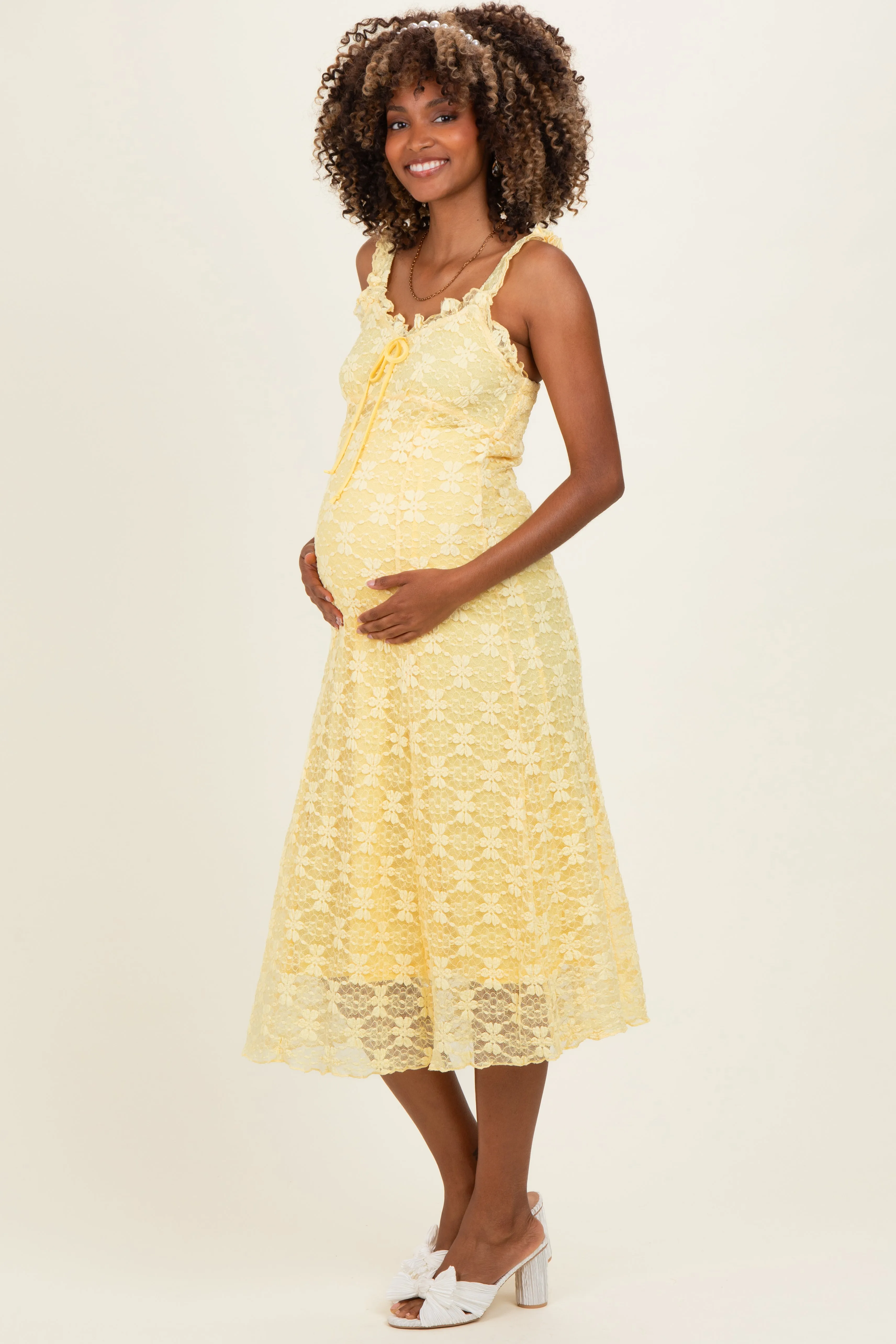 Yellow Floral Lace Ruffle Maternity Midi Dress sold by Pinkblush product image thumbnail 2
