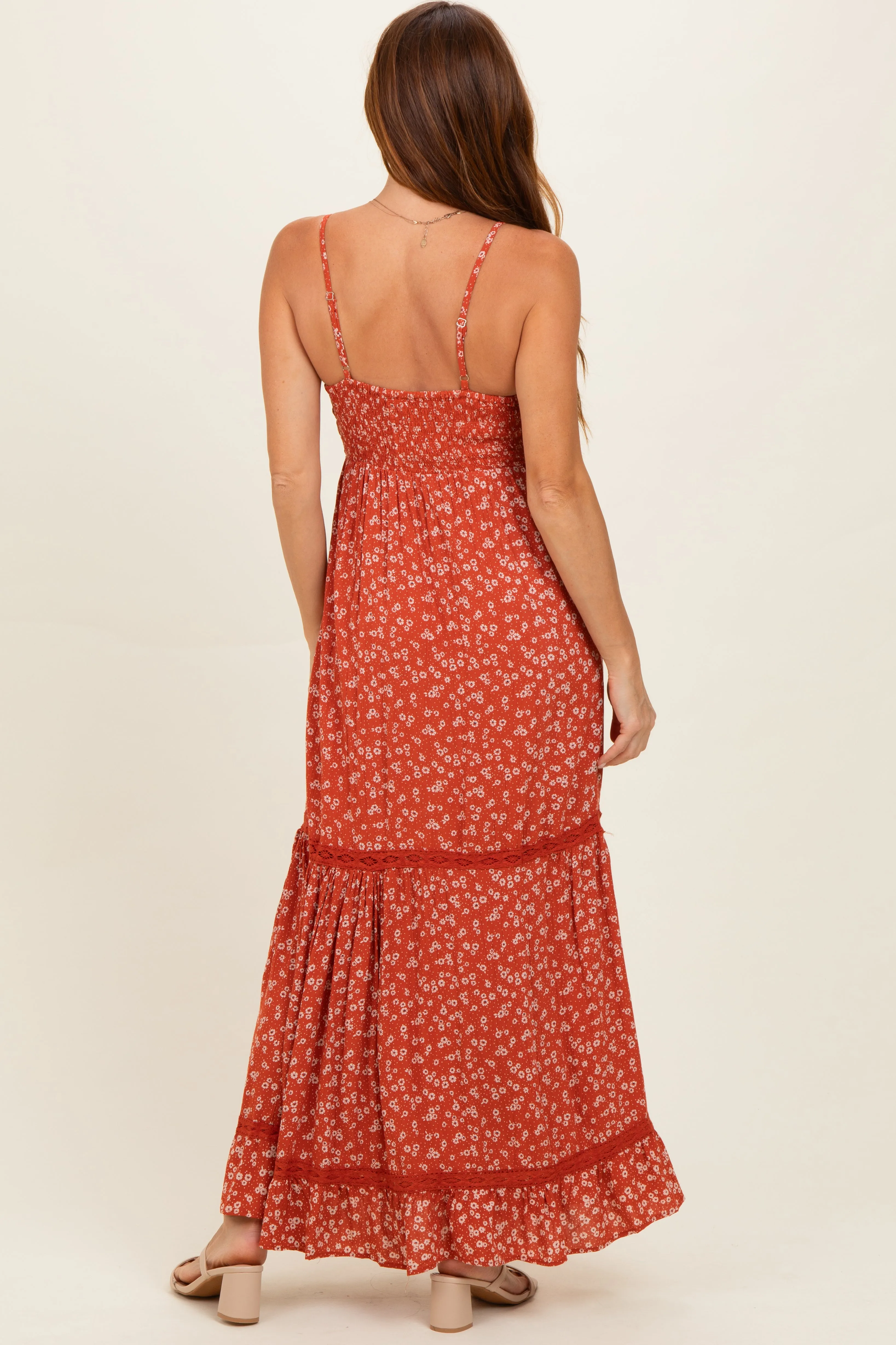 Rust Smocked Bust V Neck Lace Trim Maxi Dress sold by Pinkblush product image thumbnail 3