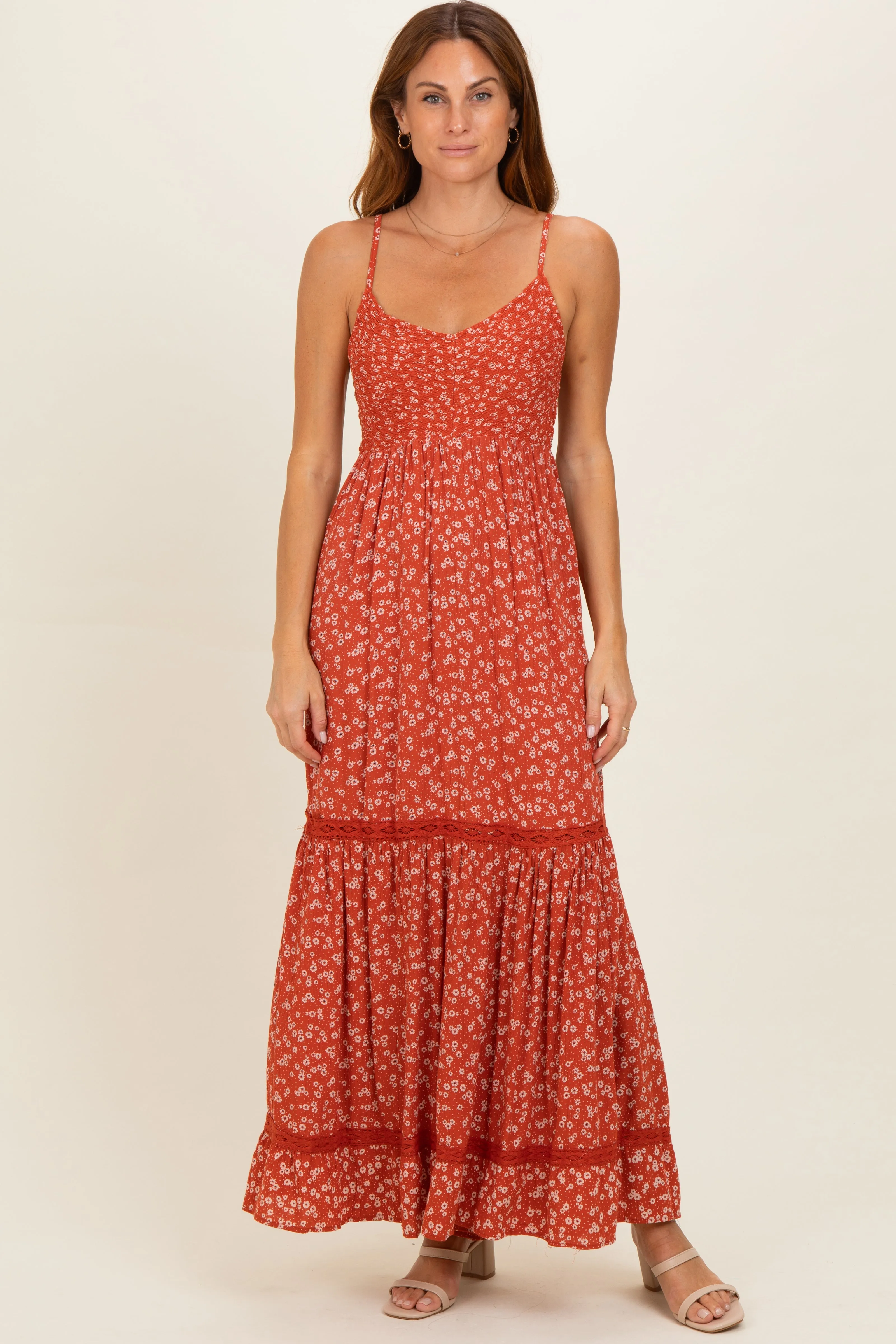 Rust Smocked Bust V Neck Lace Trim Maxi Dress sold by Pinkblush