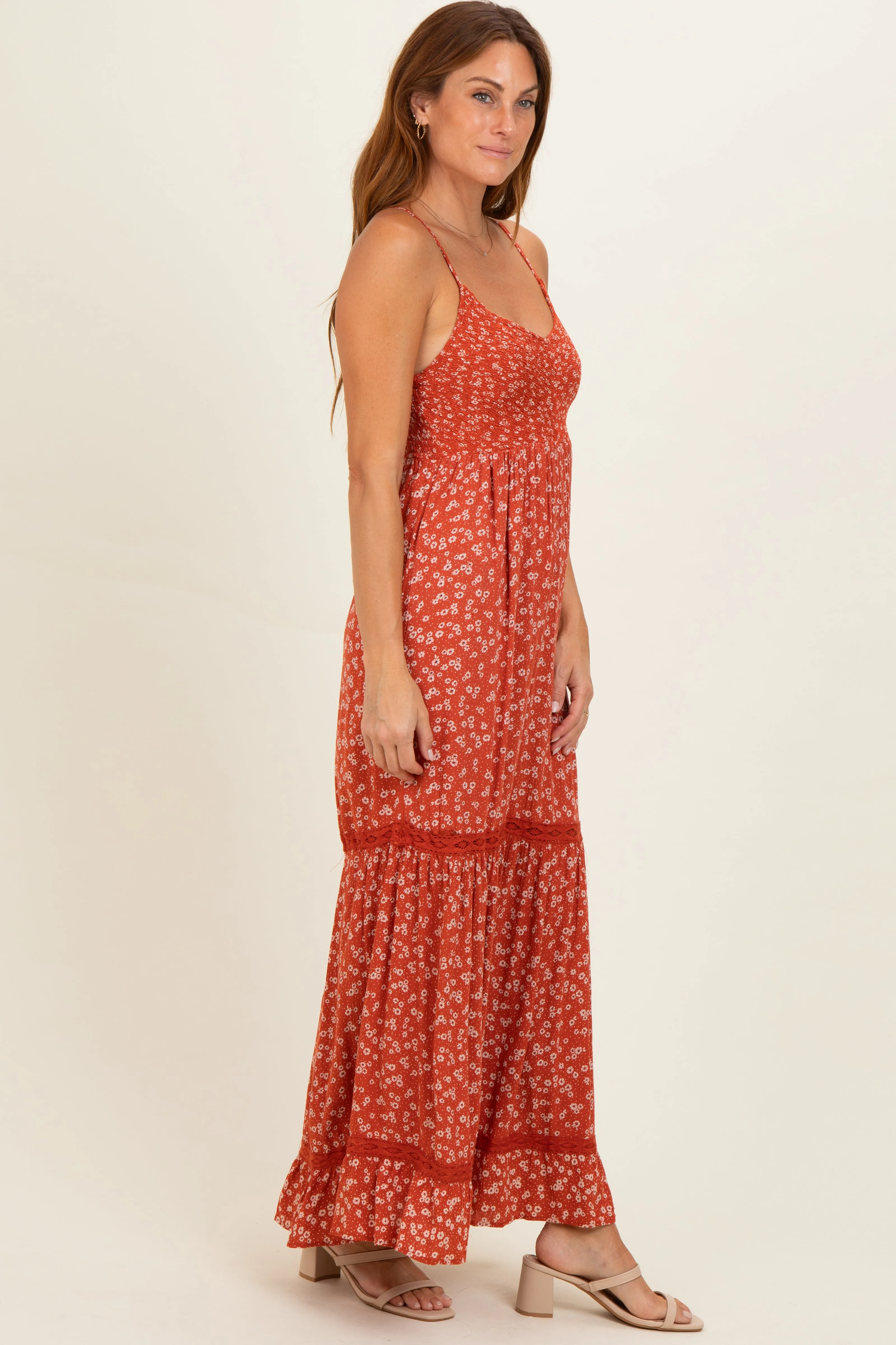 Rust Smocked Bust V Neck Lace Trim Maxi Dress sold by Pinkblush product image thumbnail 2