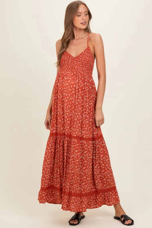 Rust Smocked Bust V Neck Lace Trim Maternity Maxi Dress made by Angie