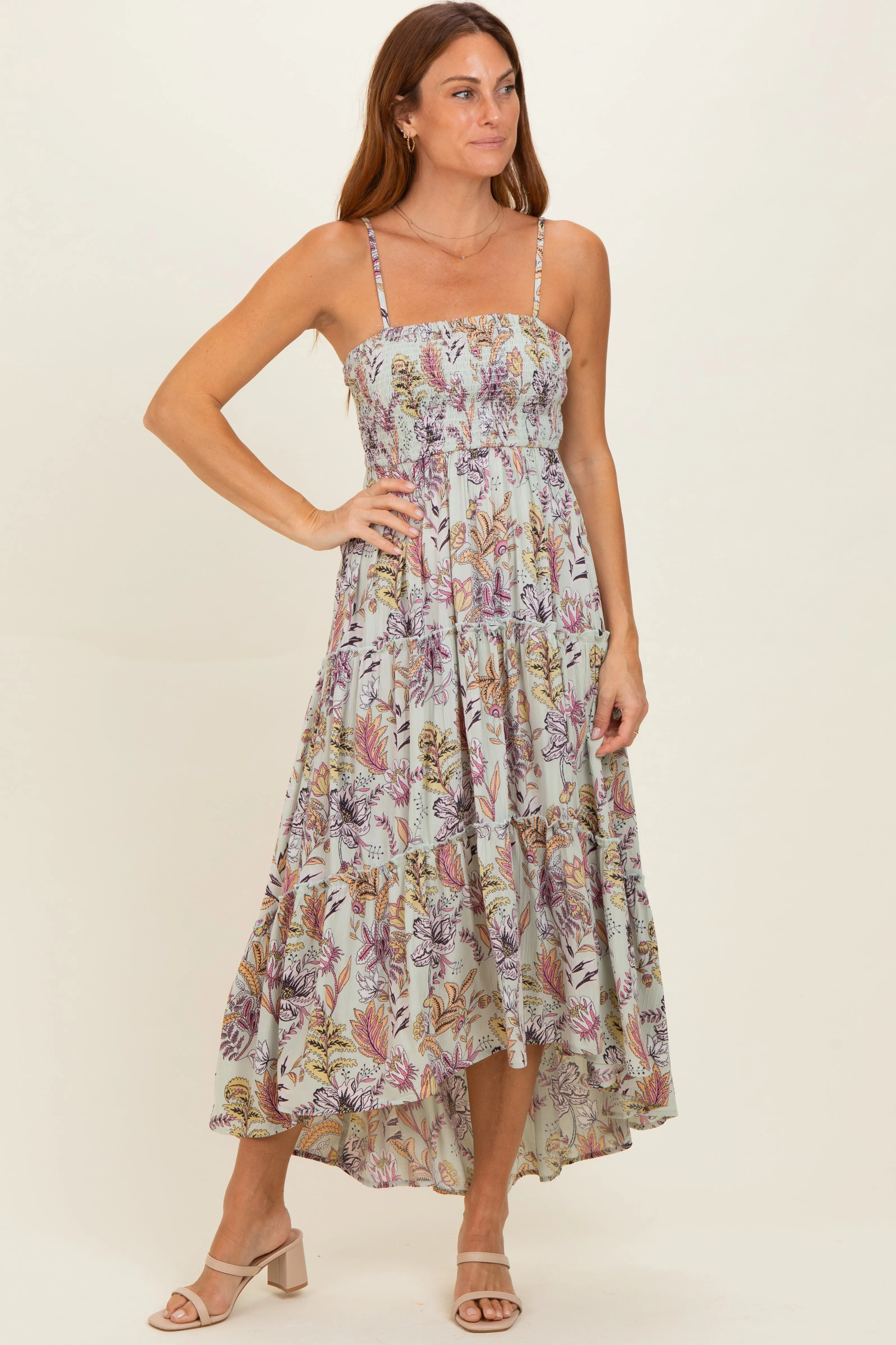 Celedon Smocked Bust Tiered Slight Hi Lo Hem Maxi Dress sold by Pinkblush