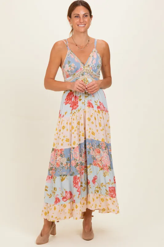 Multicolor Printed Lace Inset Tiered Maxi Dress made by Angie