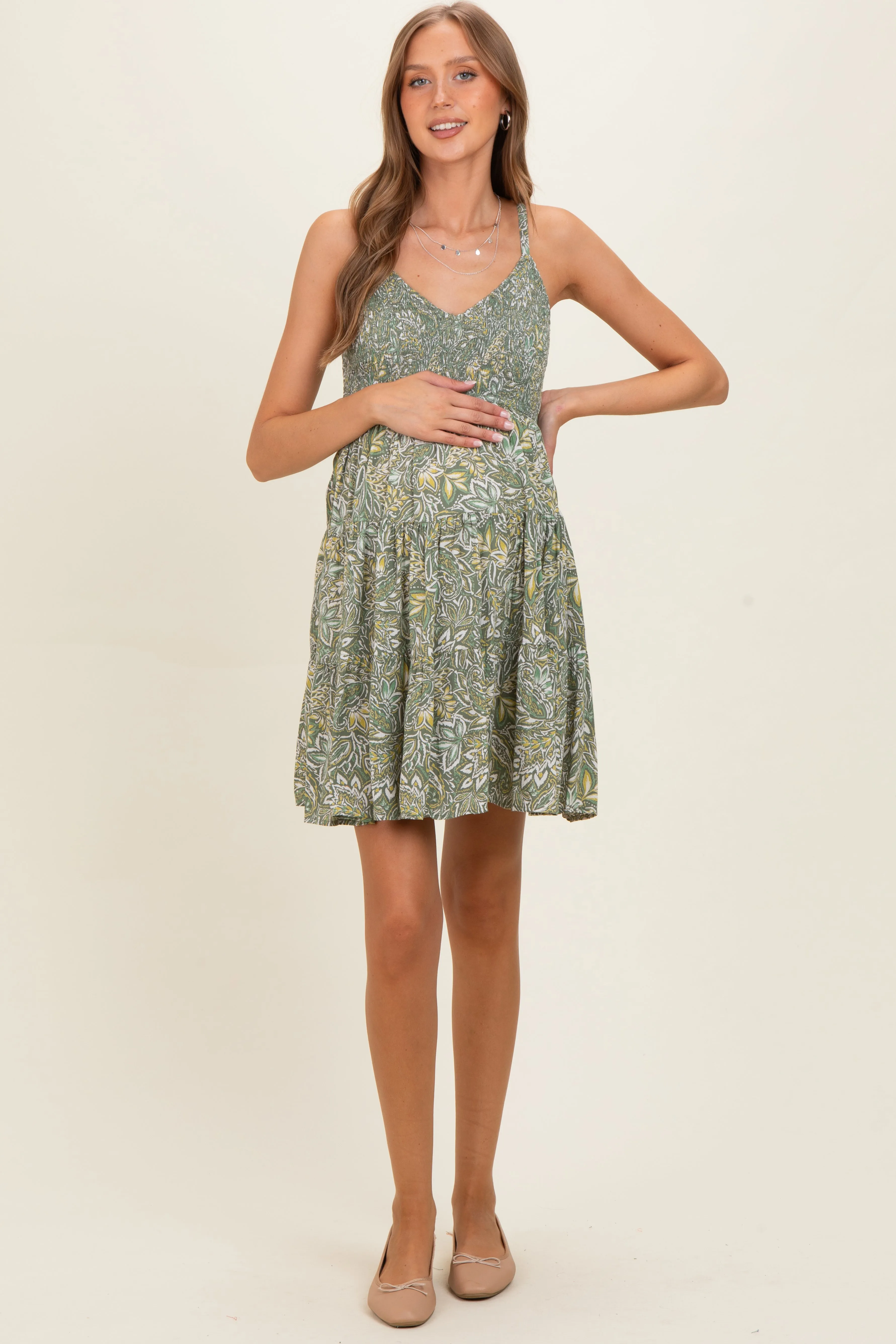 Green Floral Sleeveless Tiered Maternity Dress sold by Pinkblush product image thumbnail 3