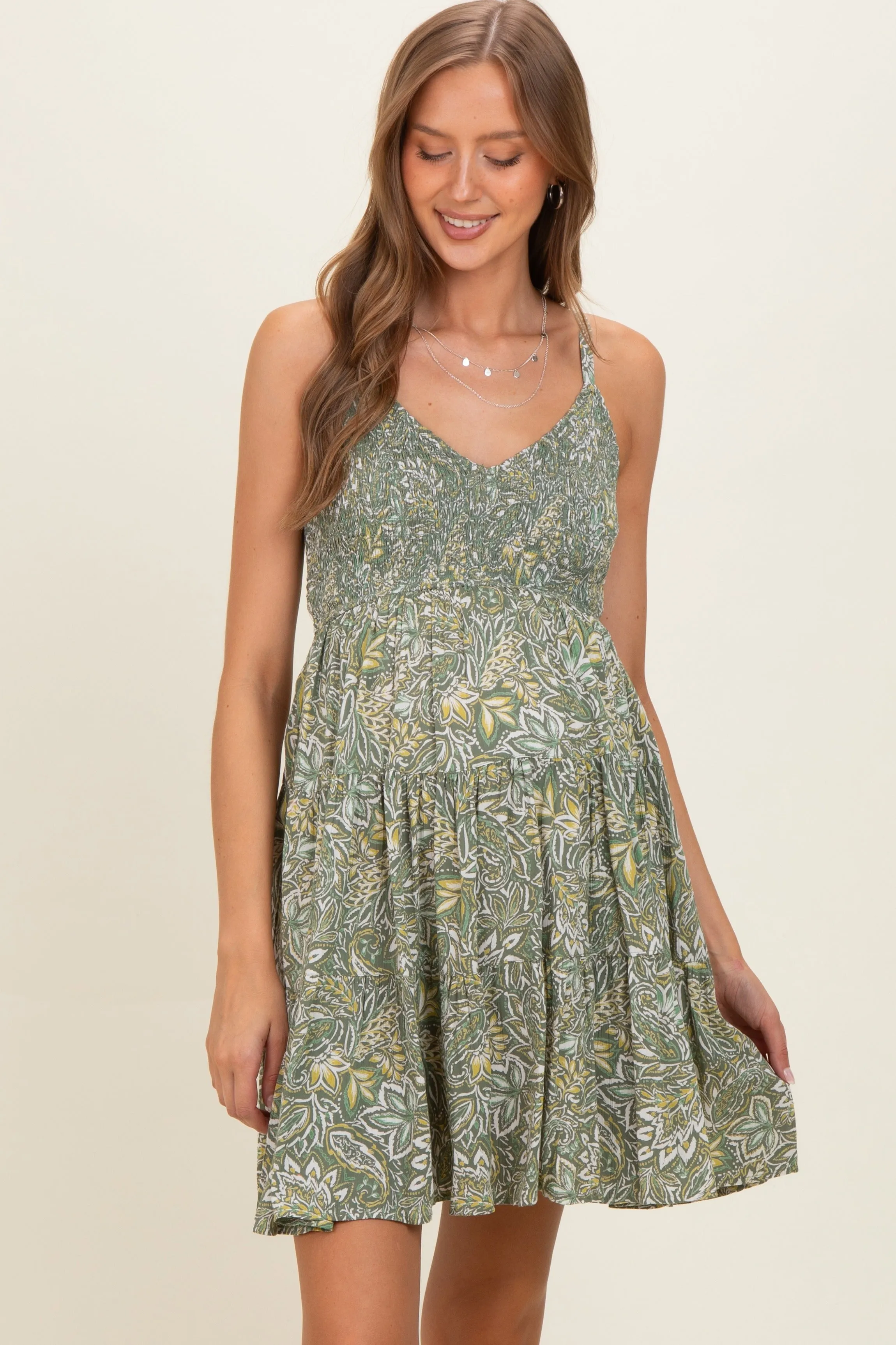 Green Floral Sleeveless Tiered Maternity Dress sold by Pinkblush