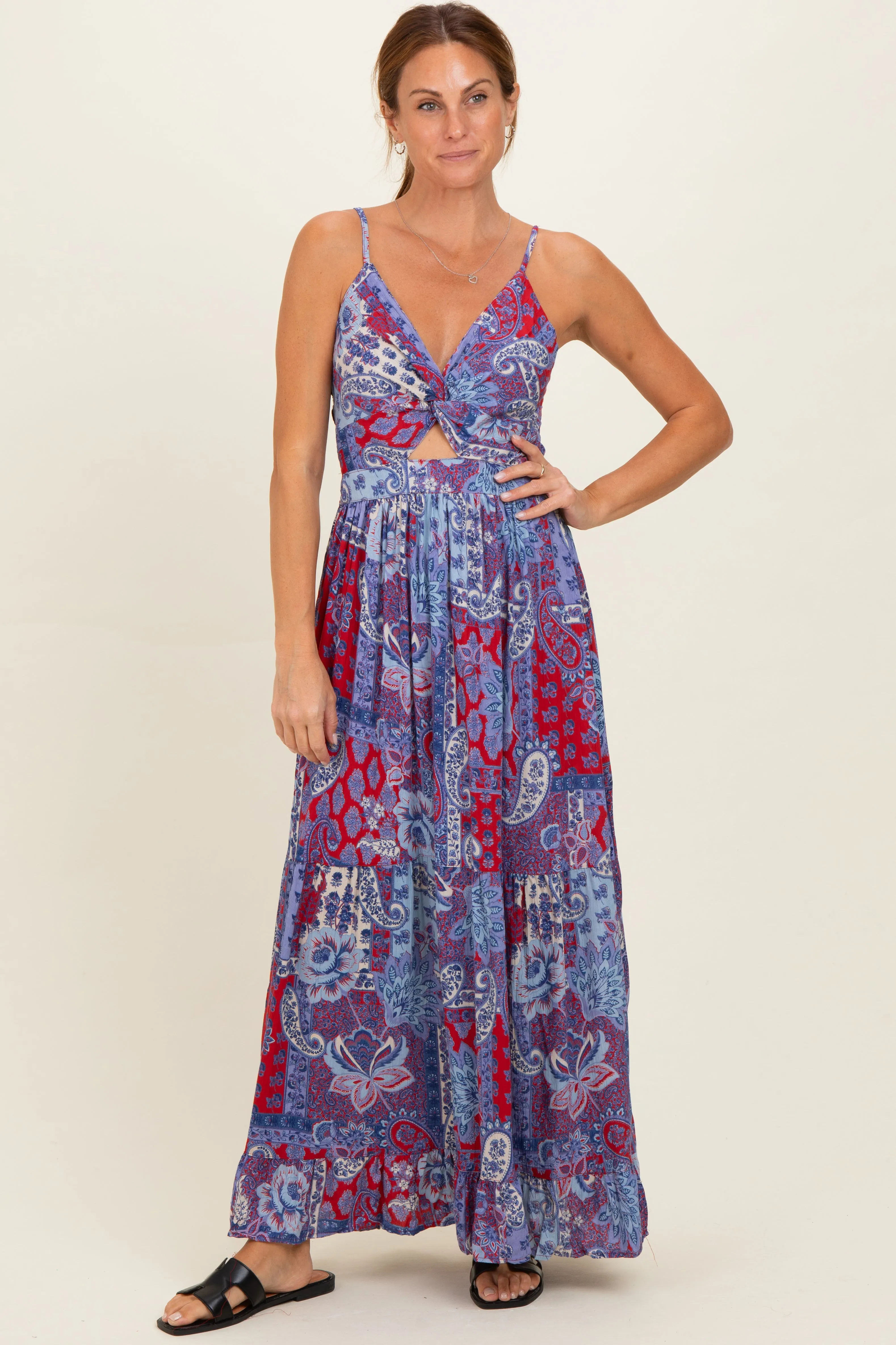 Navy Red V-Neck Twist Front Cut Out Maxi Dress sold by Pinkblush