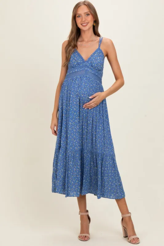 Blue Floral Lace Detail Strappy Maternity Maxi Dress made by Angie