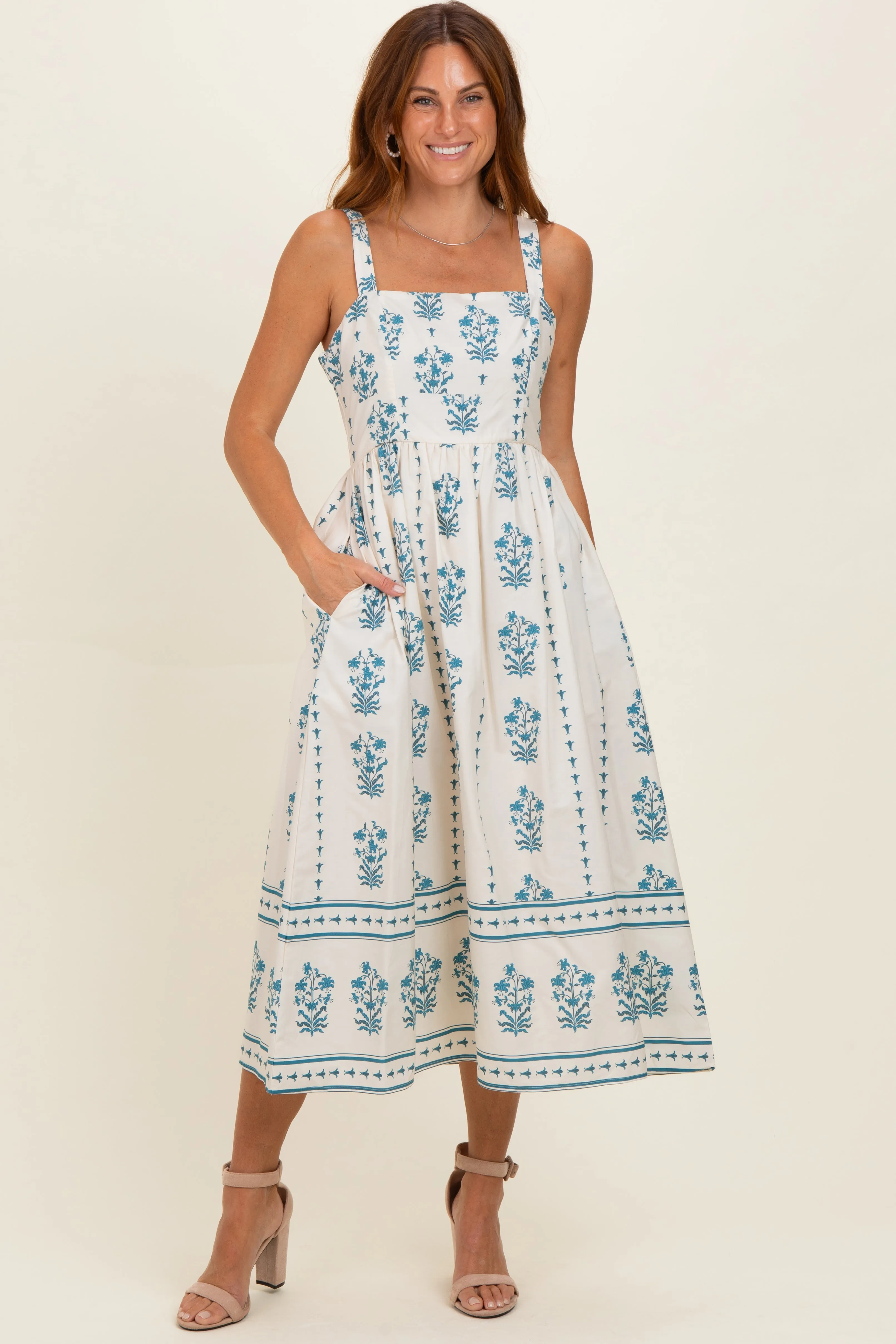 Cream Floral Square Neck Maternity Midi Dress sold by Pinkblush product image thumbnail 4