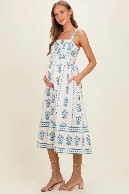 Cream Floral Square Neck Maternity Midi Dress made by TCEC