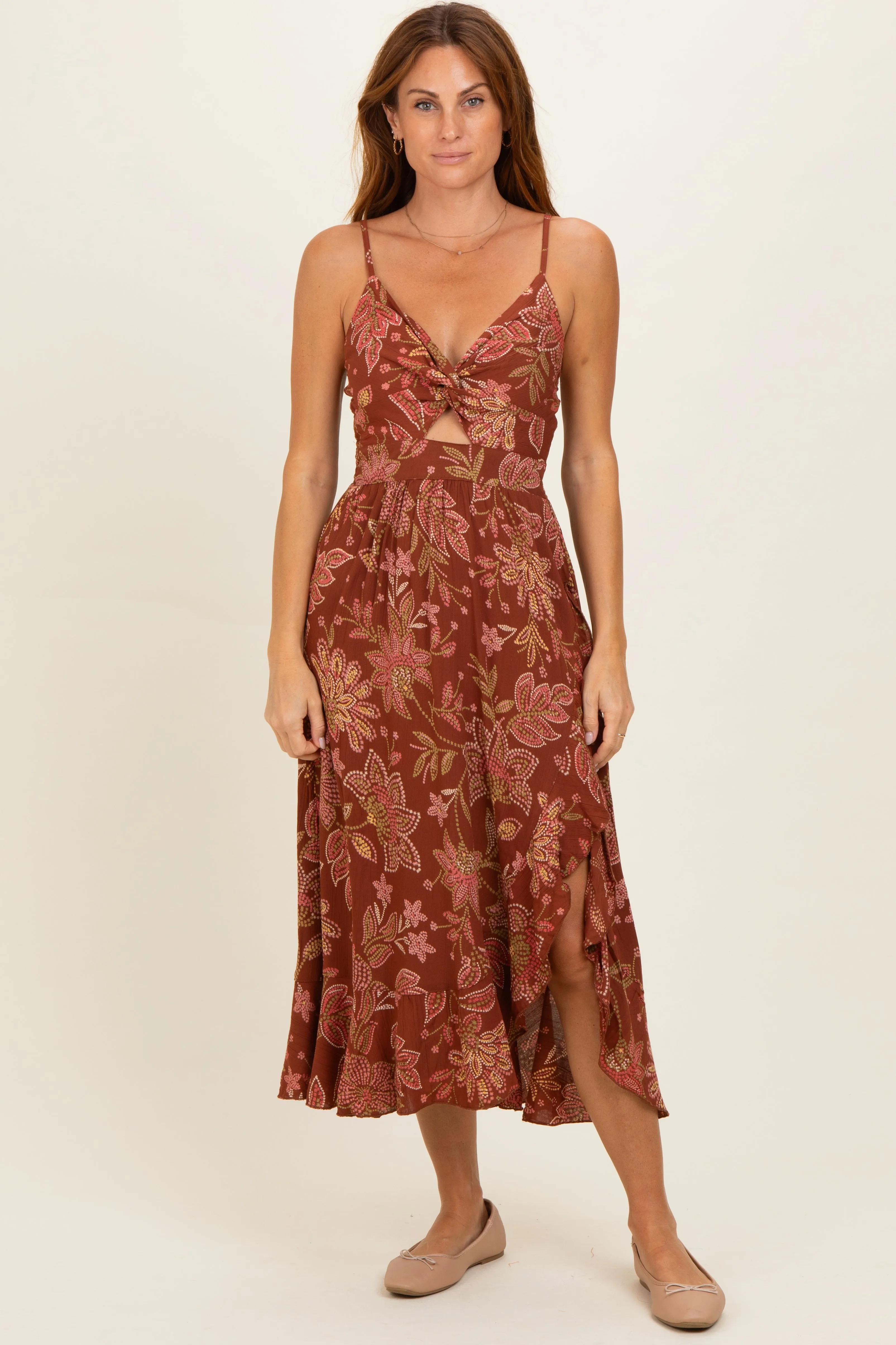 Brown V Neck Twist Front Cut Out Side Ruffle Slit Maternity Midi Dress sold by Pinkblush product image thumbnail 4