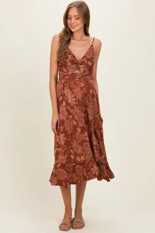 Brown V Neck Twist Front Cut Out Side Ruffle Slit Maternity Midi Dress made by Angie