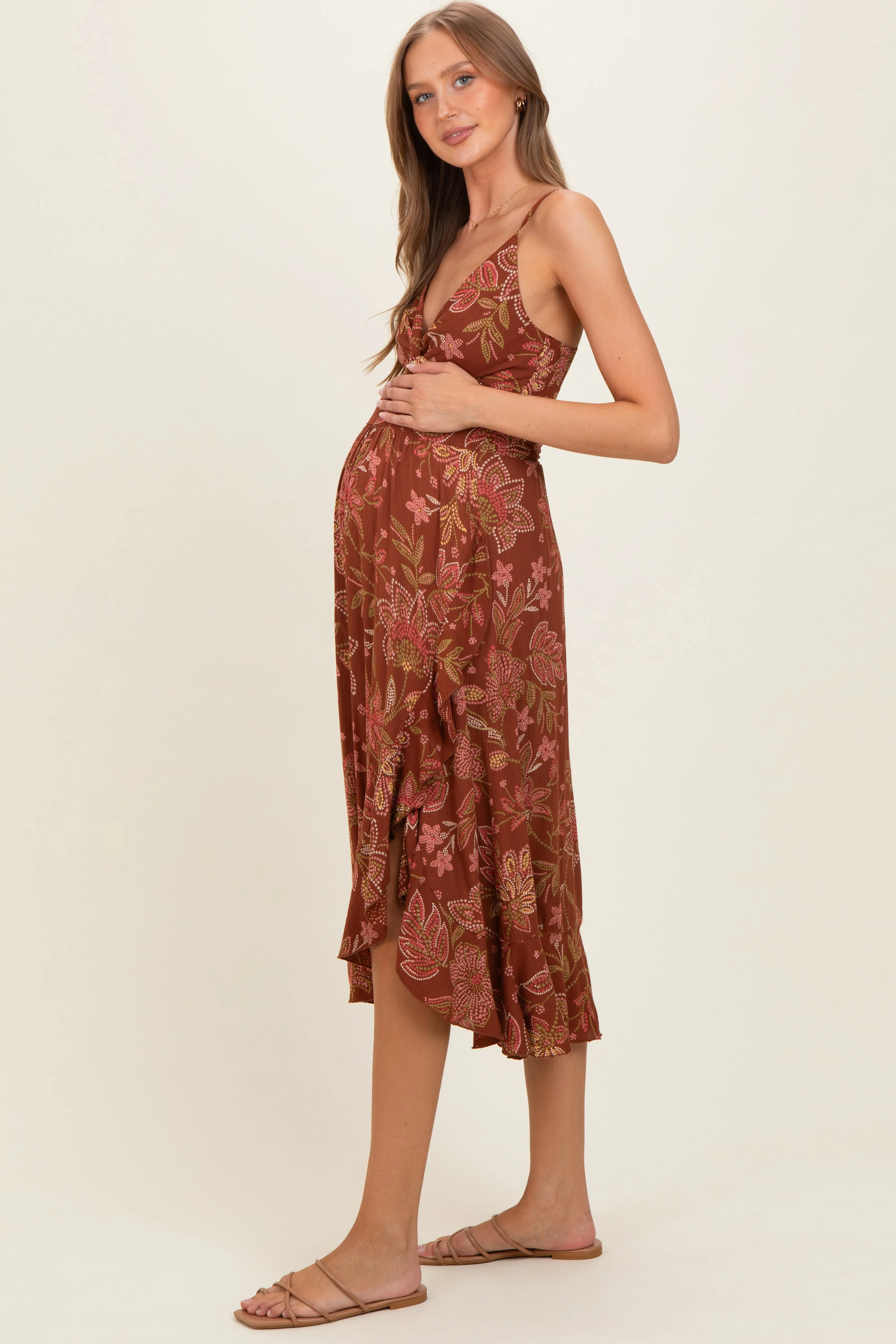 Brown V Neck Twist Front Cut Out Side Ruffle Slit Maternity Midi Dress sold by Pinkblush product image thumbnail 2