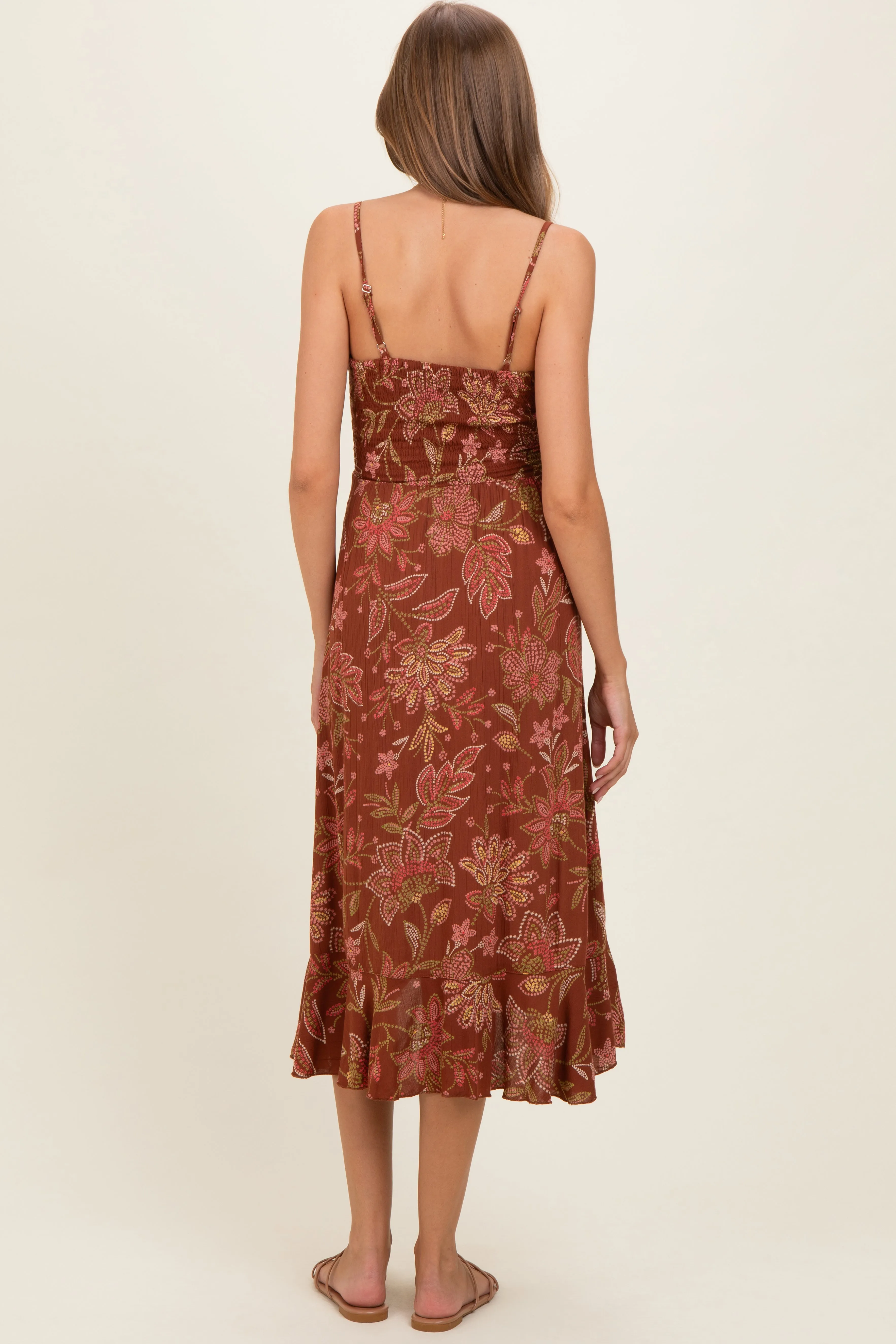 Brown V Neck Twist Front Cut Out Side Ruffle Slit Maternity Midi Dress sold by Pinkblush product image thumbnail 3