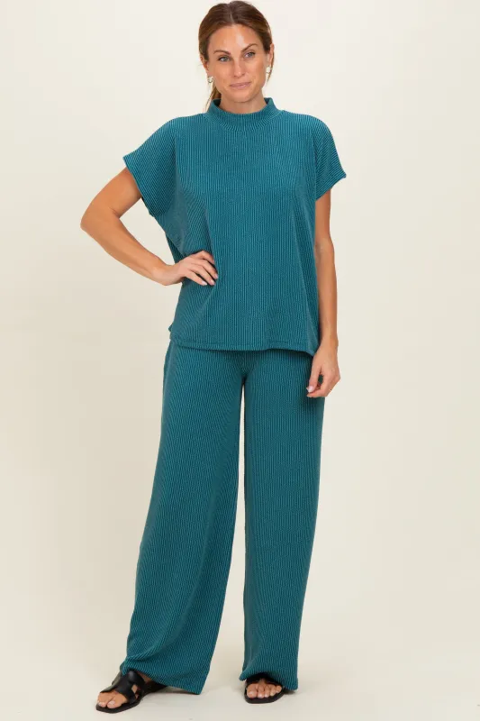 Teal Textured Rib Mock Neck Short Sleeve Pant Set made by Zenana Outfitters