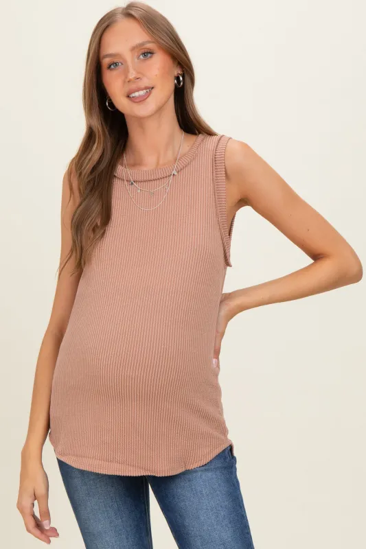 Mocha Ribbed Sleeveless Maternity Top made by Pinkblush